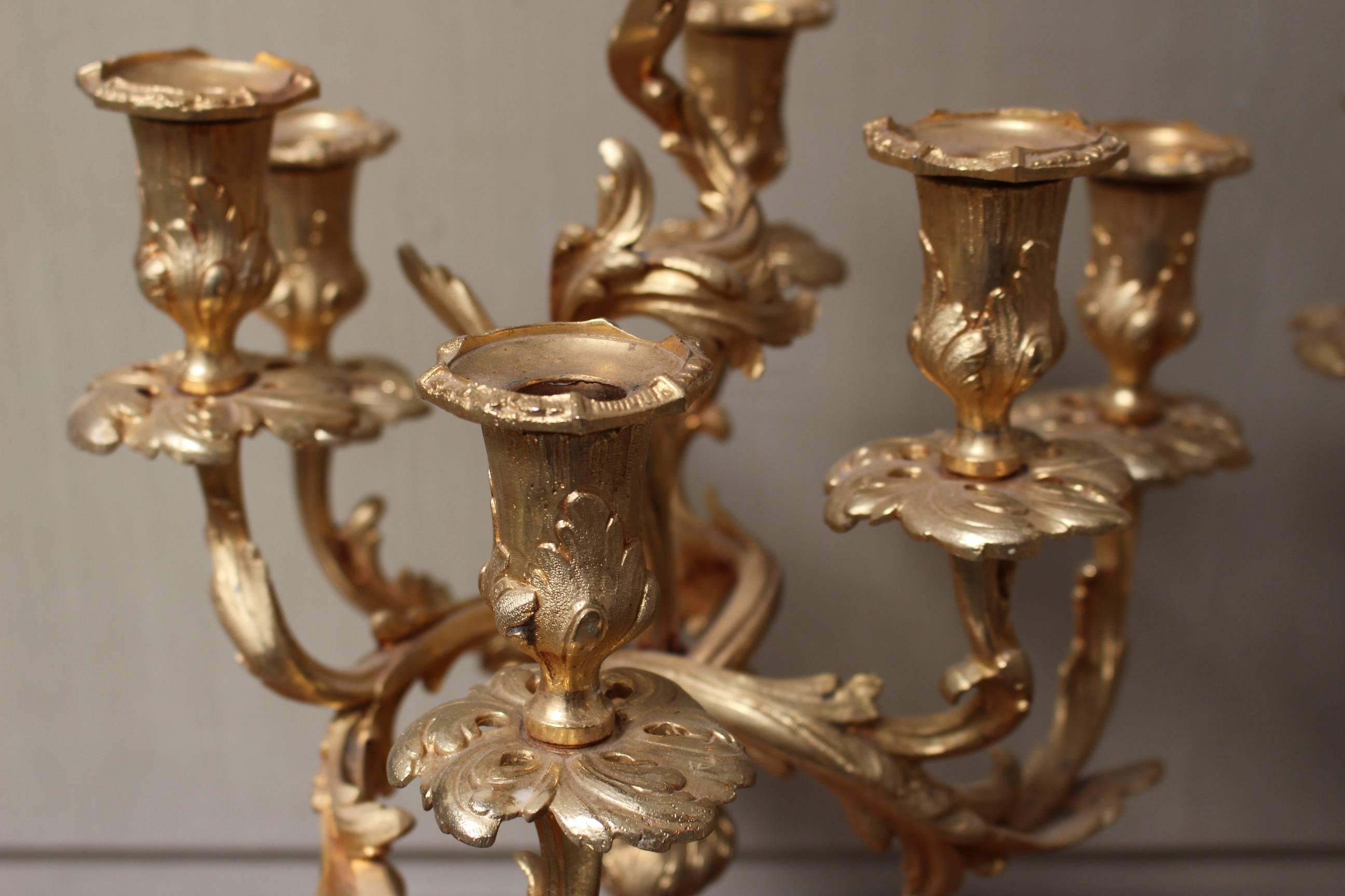 Pair of Large 19th Century Gold French Louis XV Style Gilded Bronze Candelabra In Good Condition For Sale In Dallas, TX
