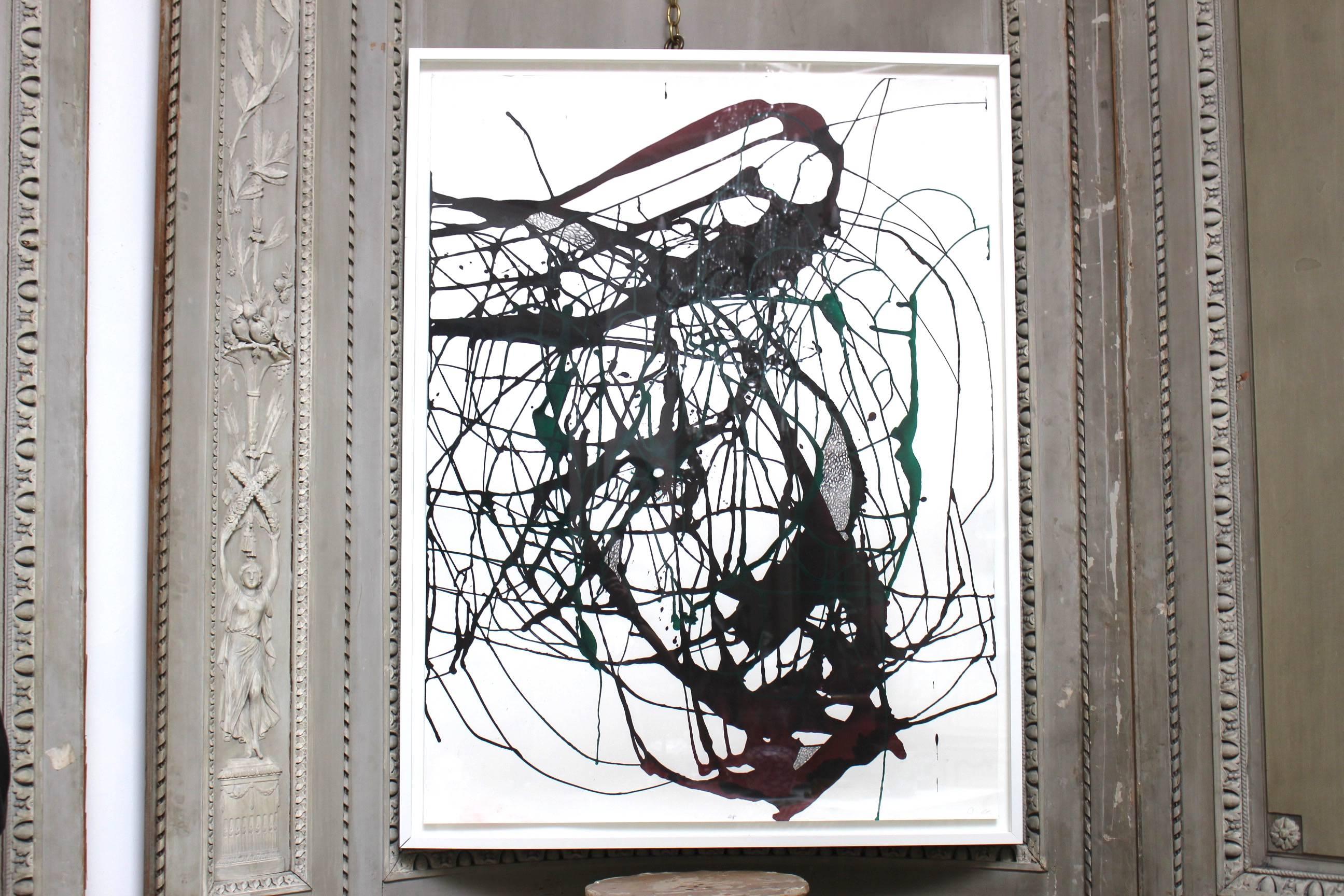 Ink, acrylic, charcoal on paper. “Untitled 2”. Framed.
Artist: Jack Cornell, Taos, New Mexico.