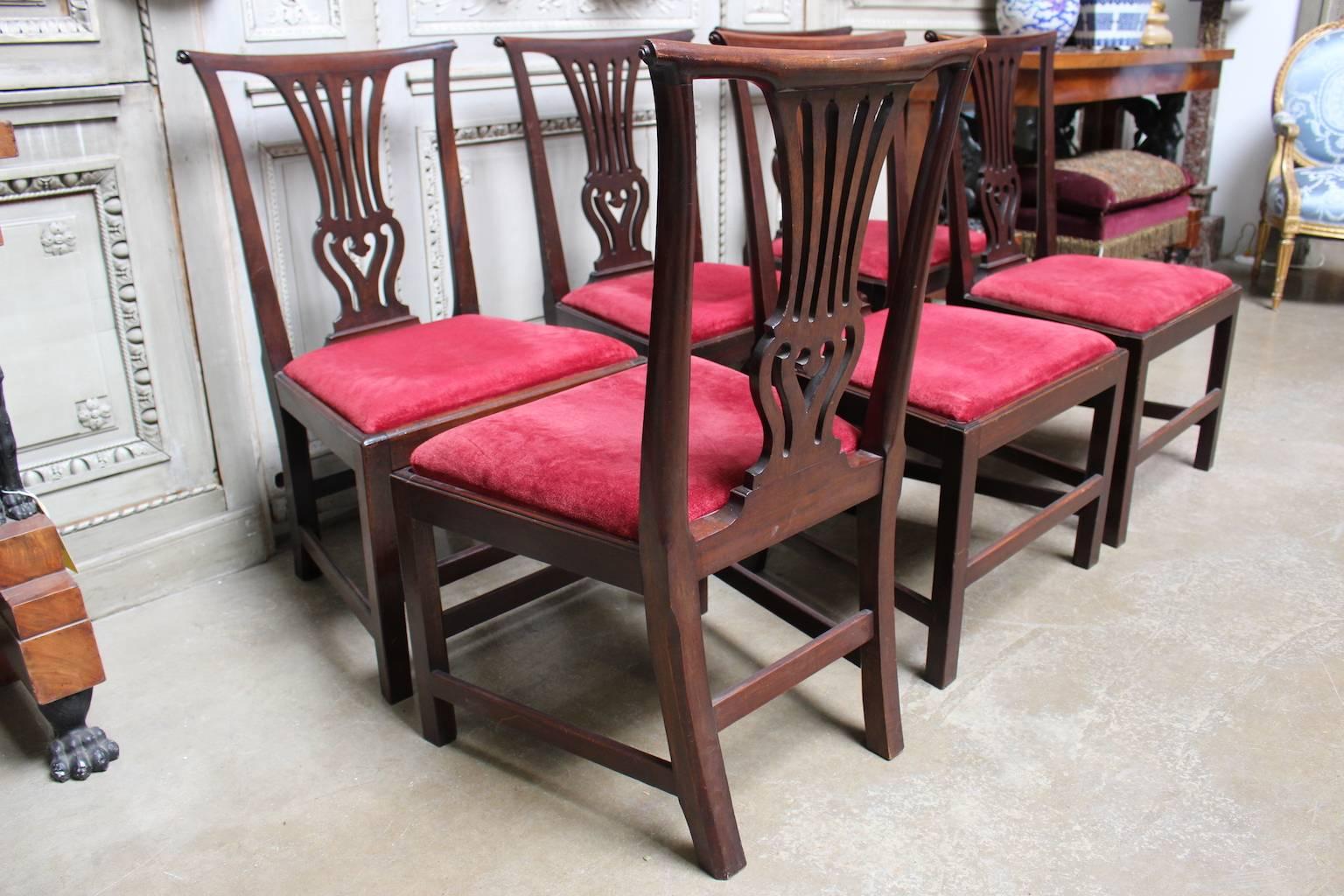 Velvet Set of Six English George III Mahogany Dining Chairs
