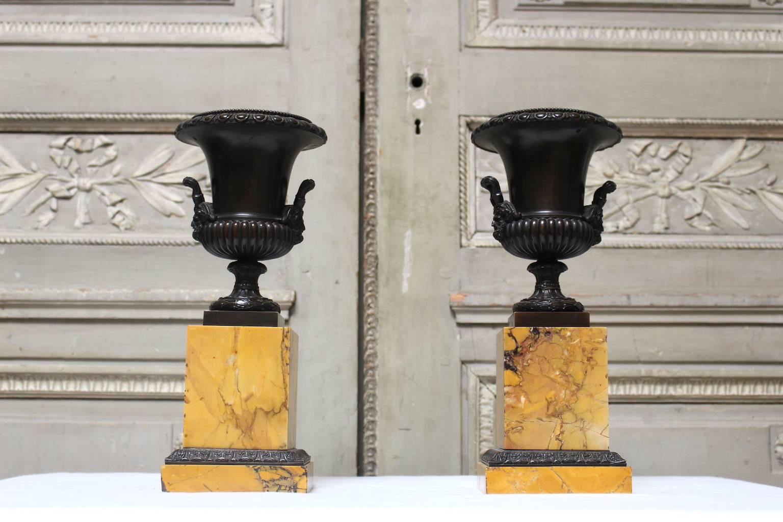 A pair of French Charles X Sienna marble and bronze tazzas.
