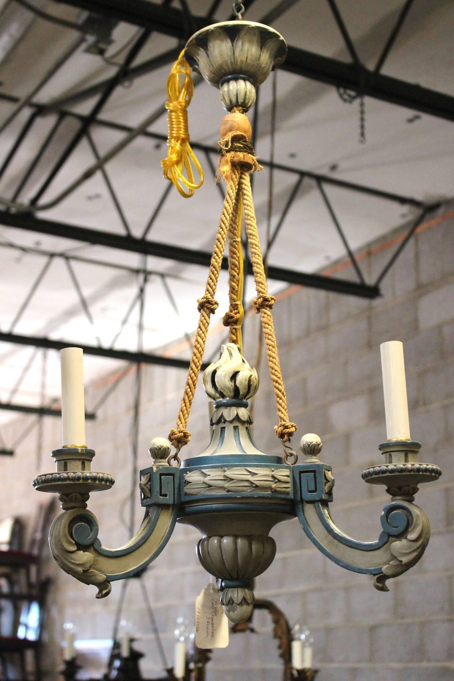 French Louis XVI Style Painted Wood and Braided Rope Chandelier 1