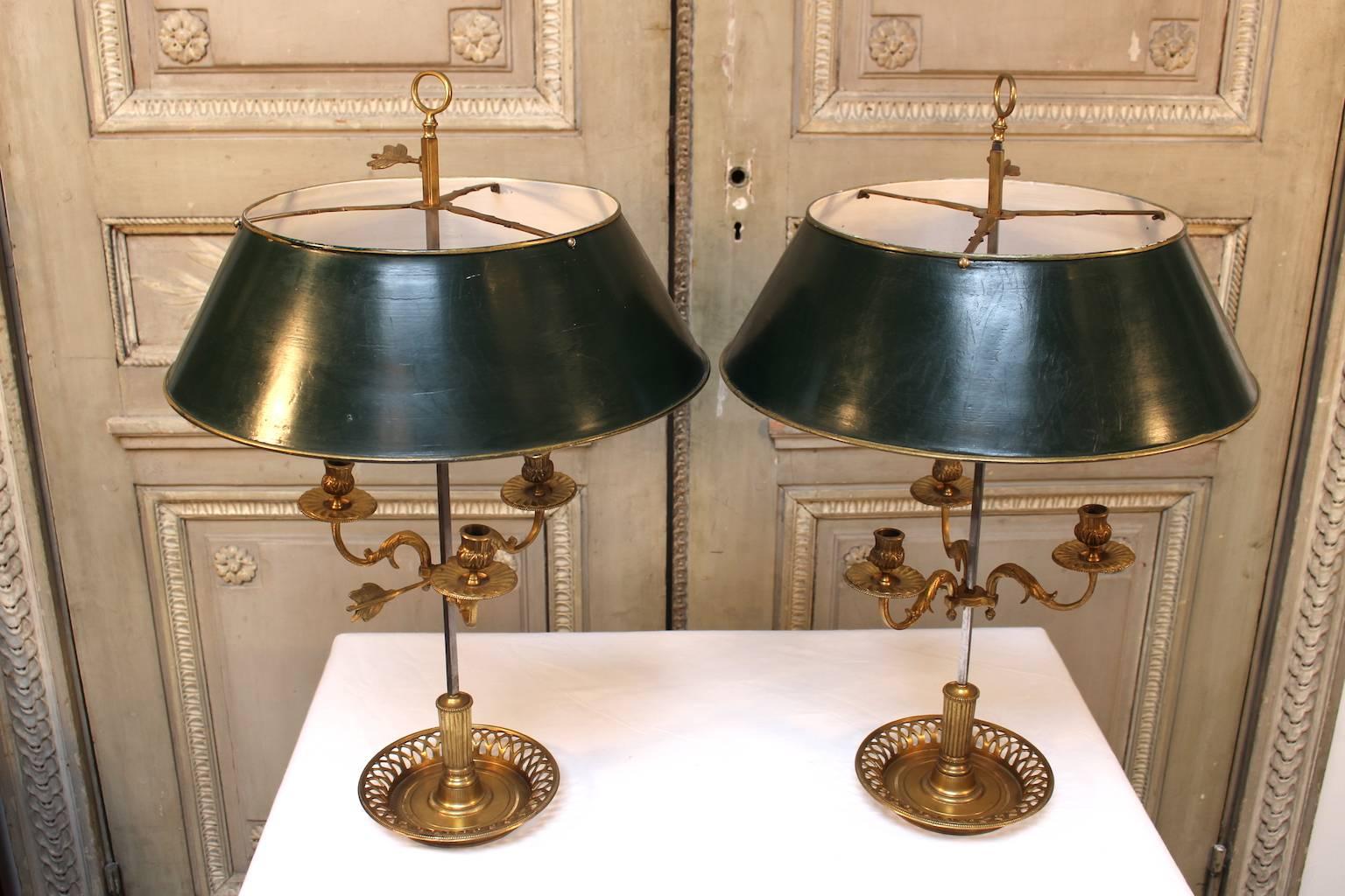 Louis XVI Pair of Bronze and Tole French Louis xi Style Bouillotte Lamps