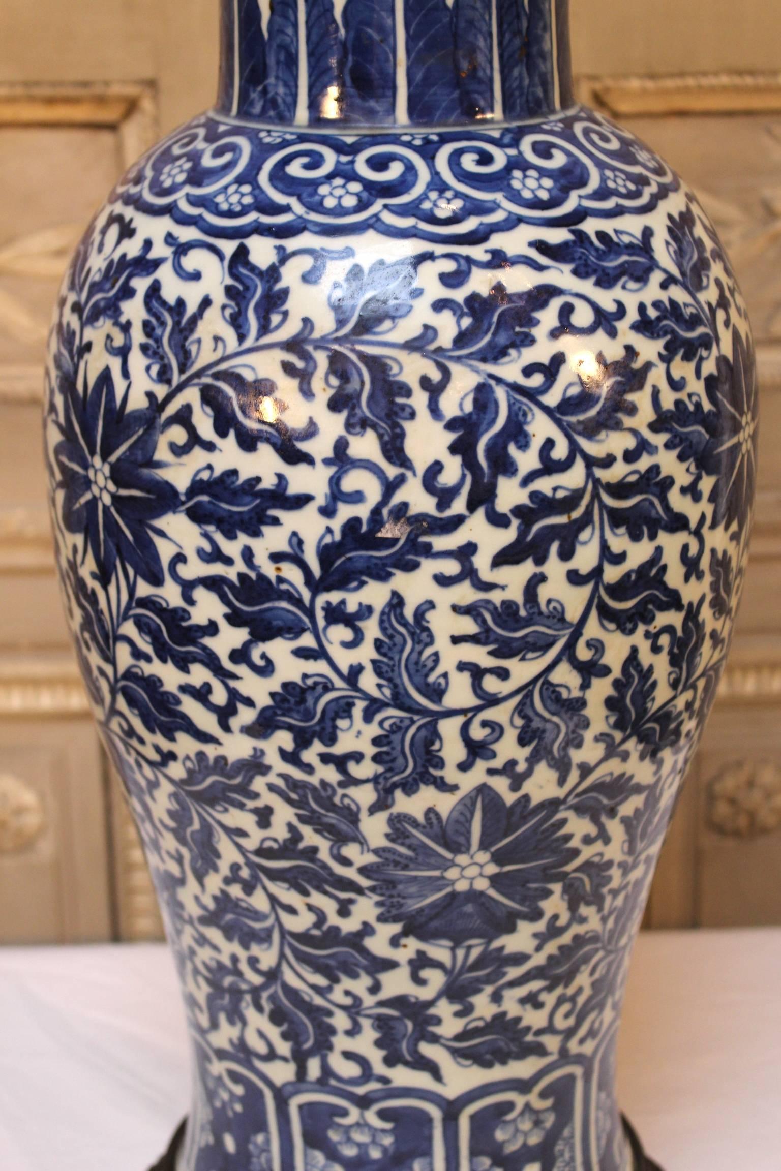Large Chinese Blue and White Porcelain Lamp Base with French Bronze Mounts In Good Condition In Dallas, TX