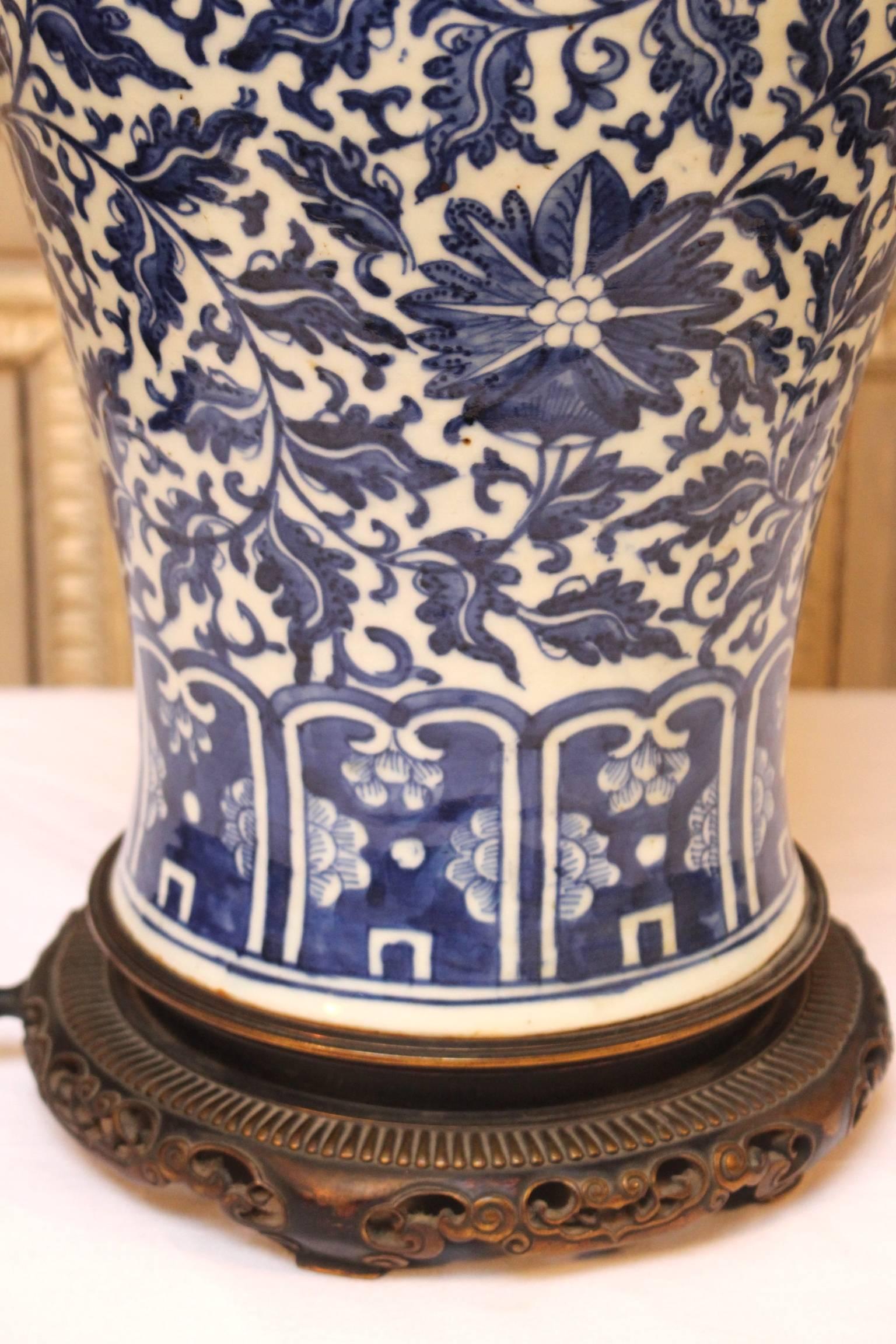 19th Century Large Chinese Blue and White Porcelain Lamp Base with French Bronze Mounts