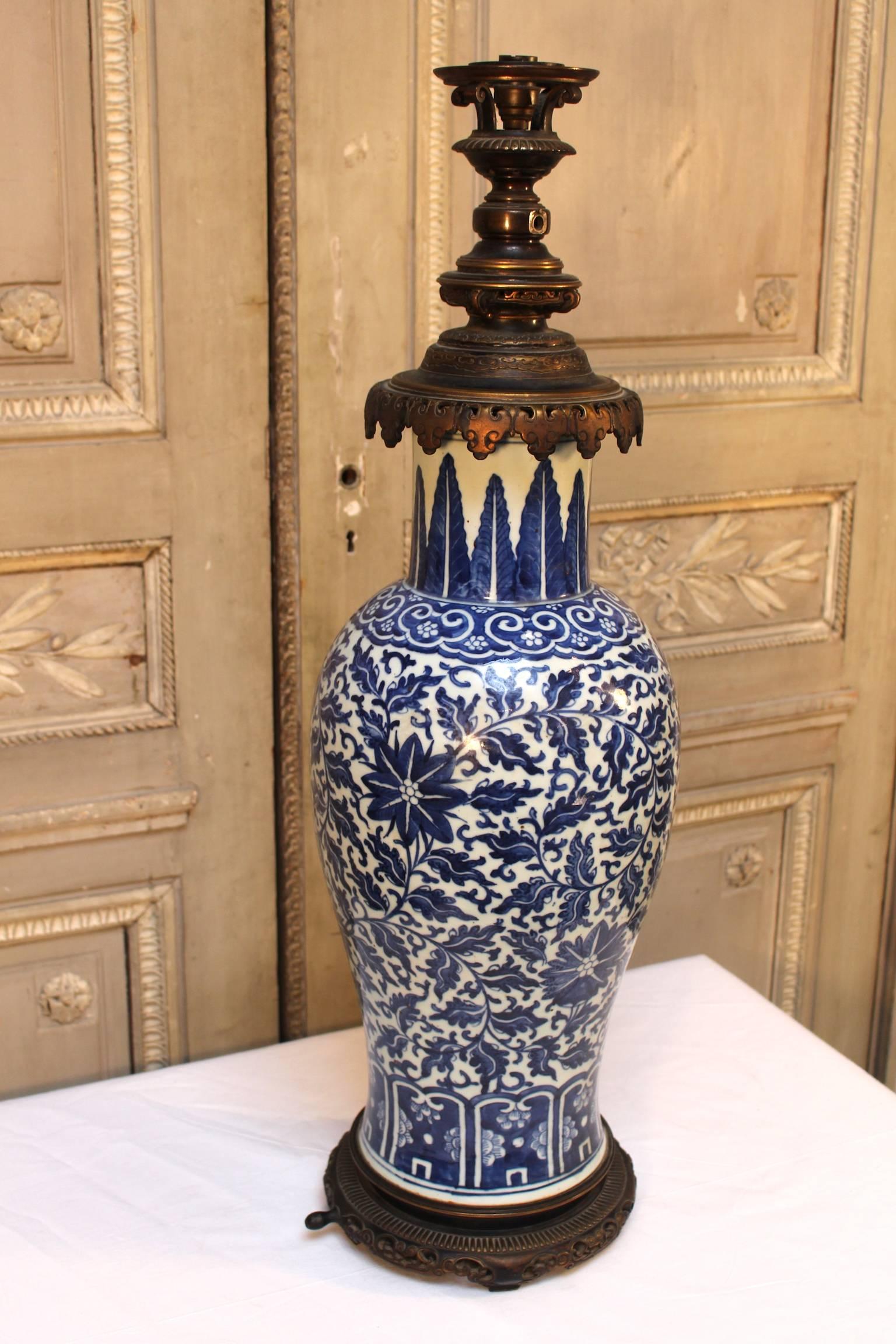 Large Chinese Blue and White Porcelain Lamp Base with French Bronze Mounts 2