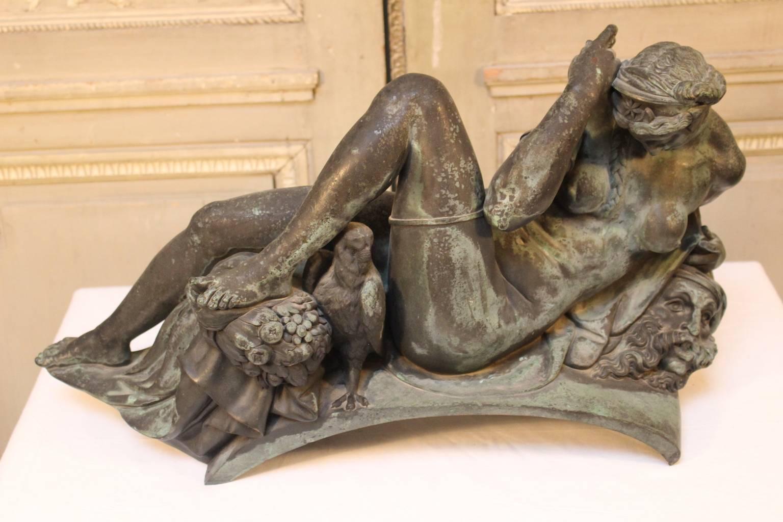 Hand-Carved Large Bronze Sculpture of the Night After Michelangelo in Black and Green Finish