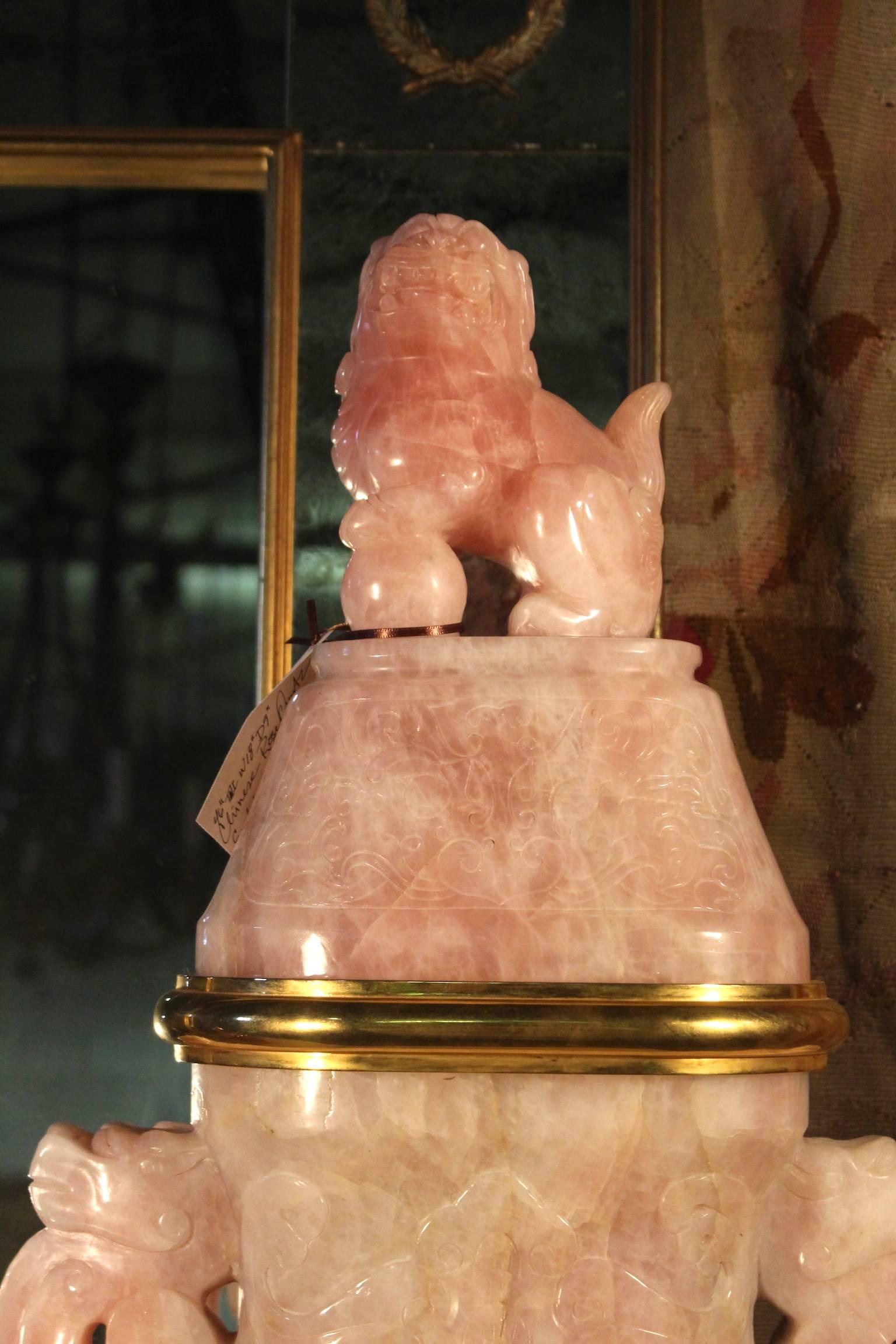 Chinese Export Massive Chinese Rose-Quartz Sculpture with Gilt-Bronze Mounts