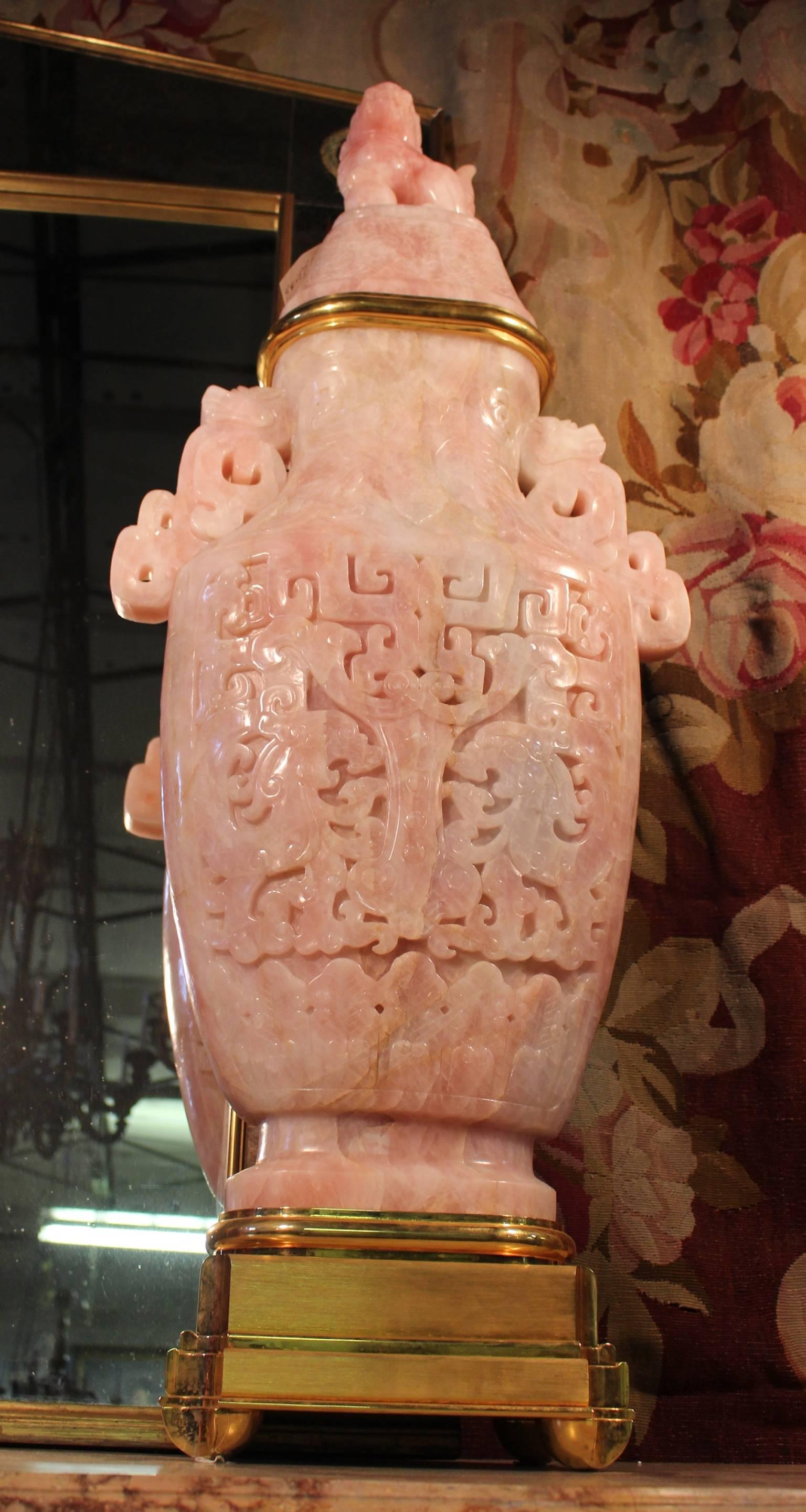 Massive Chinese Rose-Quartz Sculpture with Gilt-Bronze Mounts 1