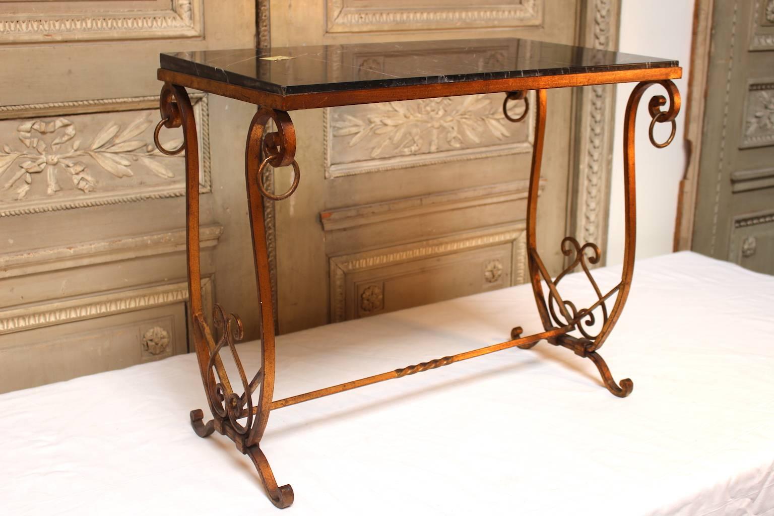 Mid-20th Century French Gilded Iron Table with Marble Top For Sale