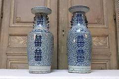 Matched Pair of Chinese Porcelain Double Happiness Blue and White Vases