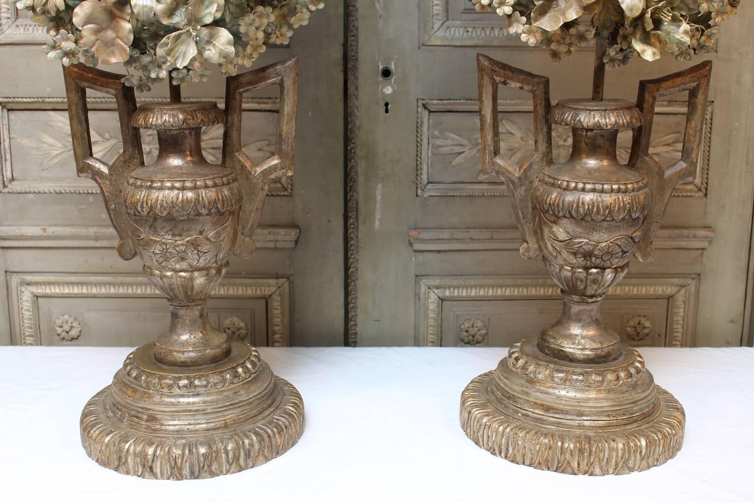 Baroque Very Large Pair of Italian Wood and Tole Urn Alter Pieces Candelabra