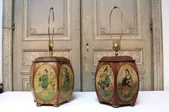 Pair of Chinese Painted Tin Tea Containers, Mounted as Lamps