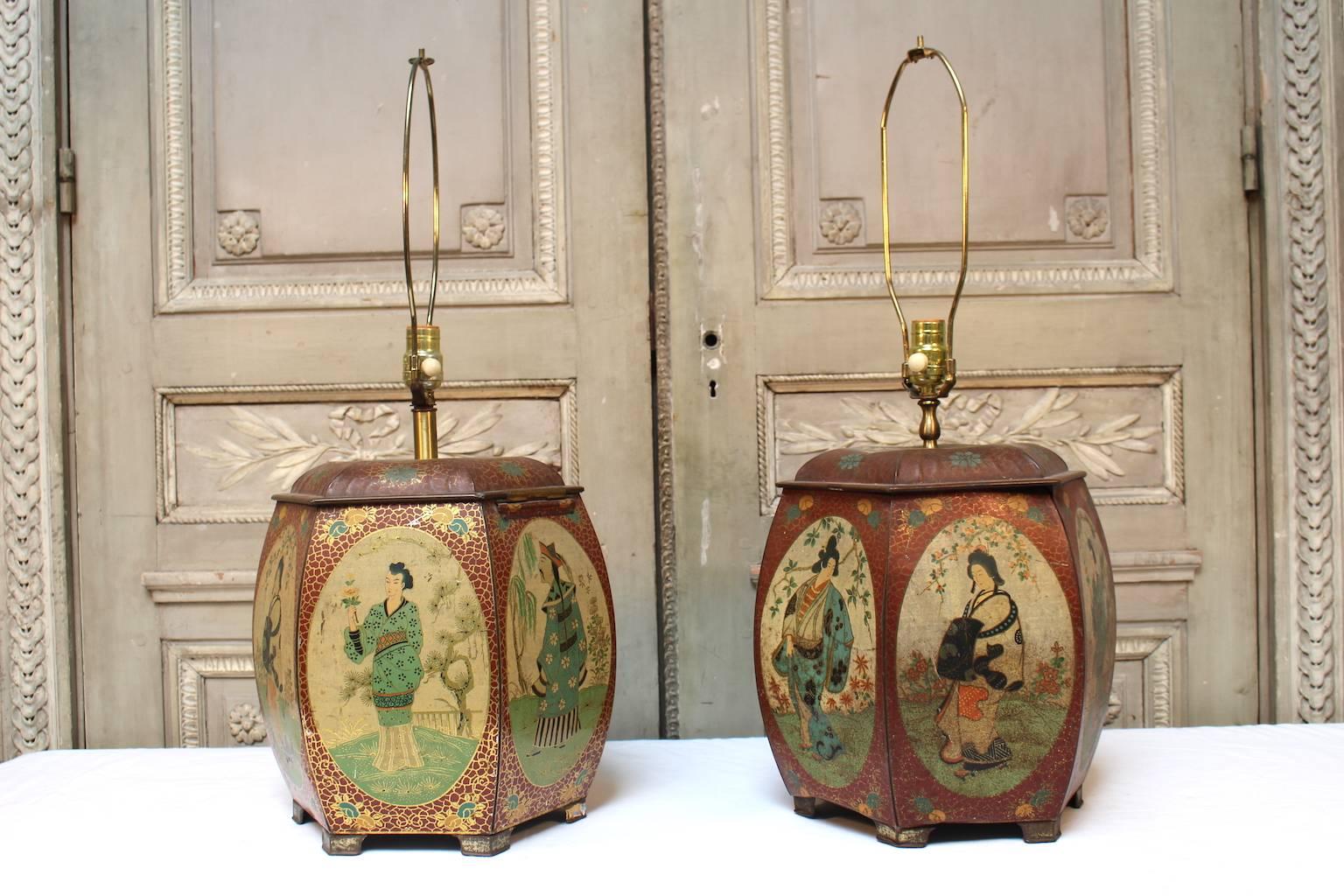 Chinese Export Pair of Chinese Painted Tin Tea Containers, Mounted as Lamps