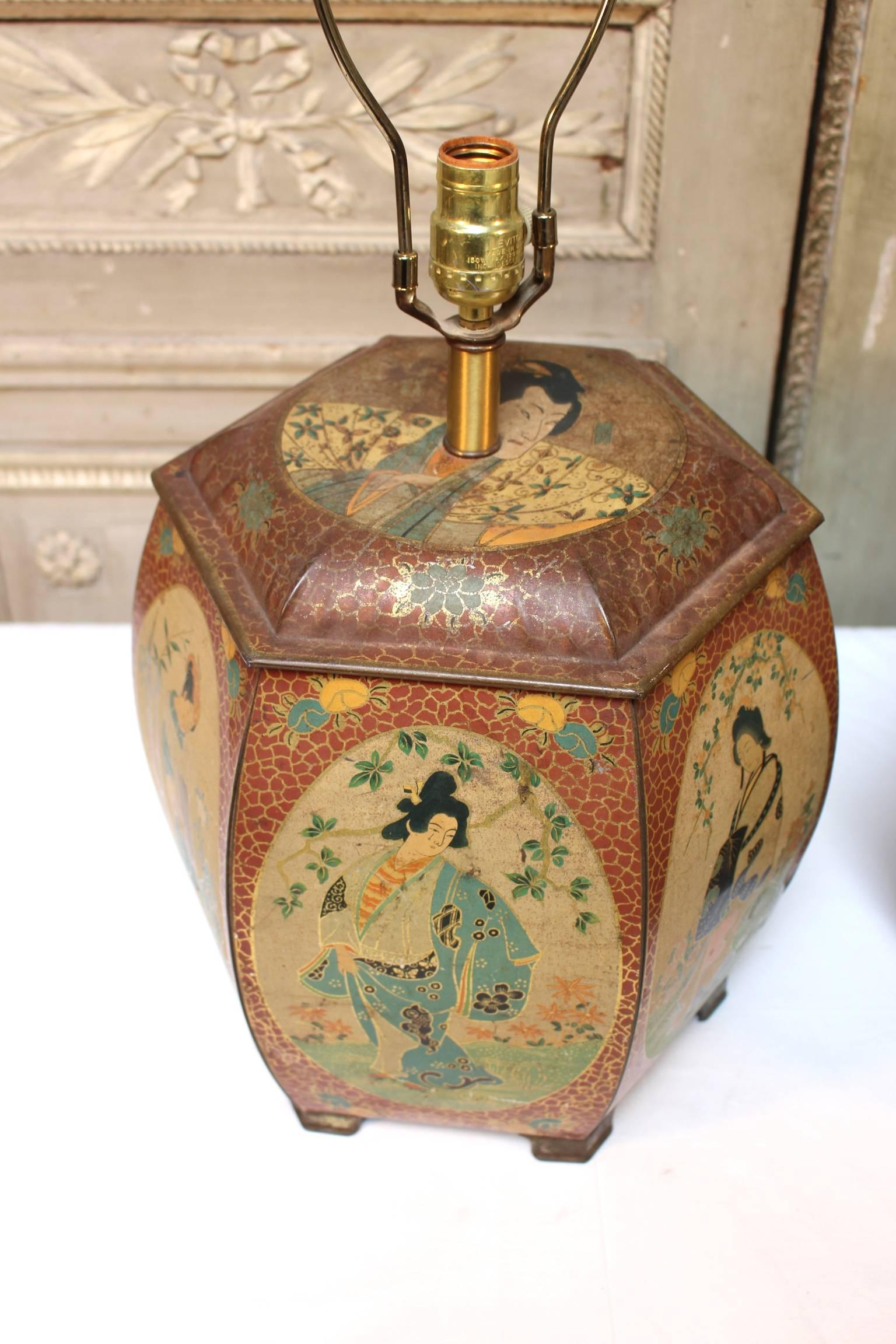 Pair of Chinese Painted Tin Tea Containers, Mounted as Lamps In Fair Condition In Dallas, TX