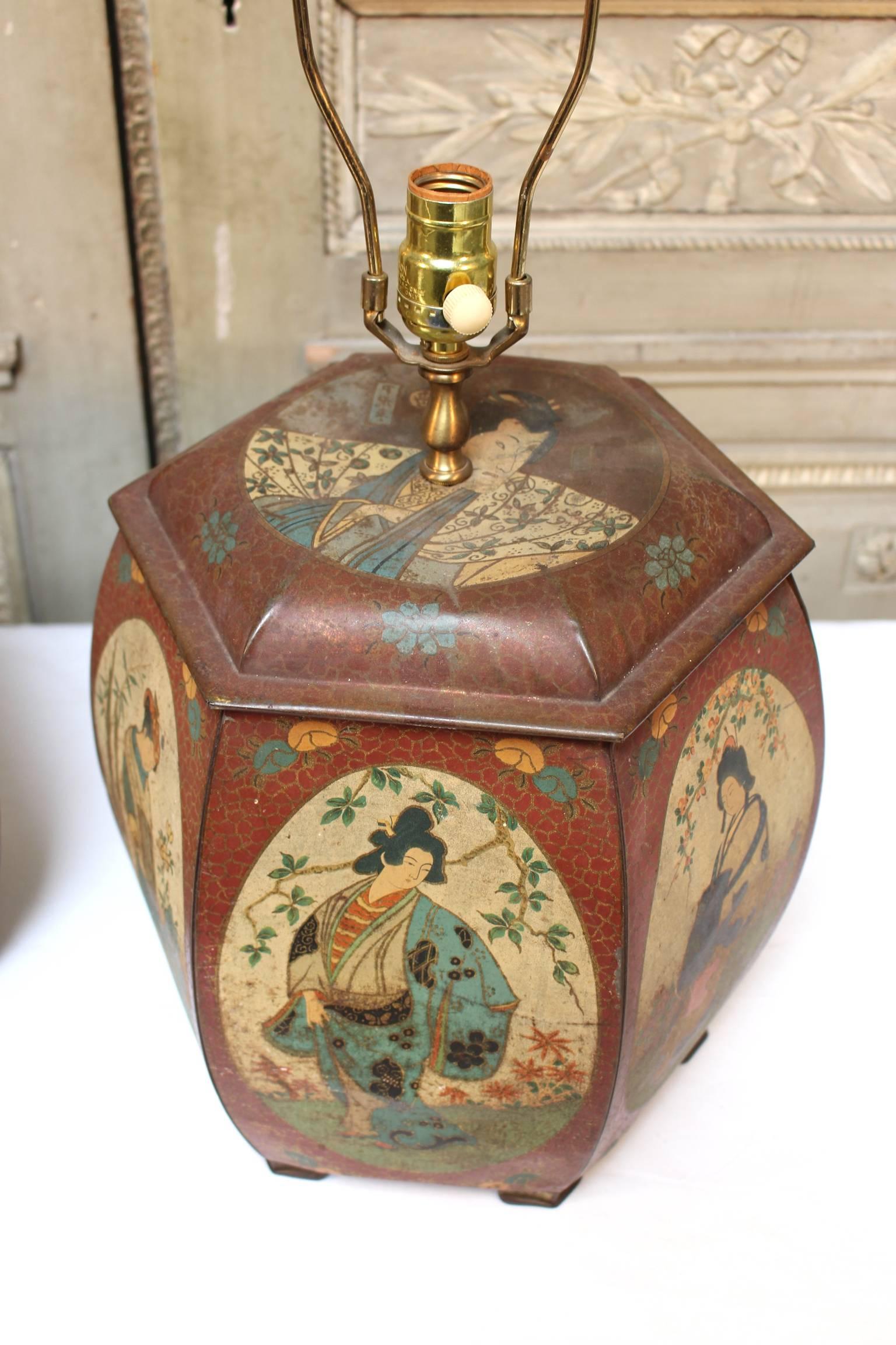 19th Century Pair of Chinese Painted Tin Tea Containers, Mounted as Lamps