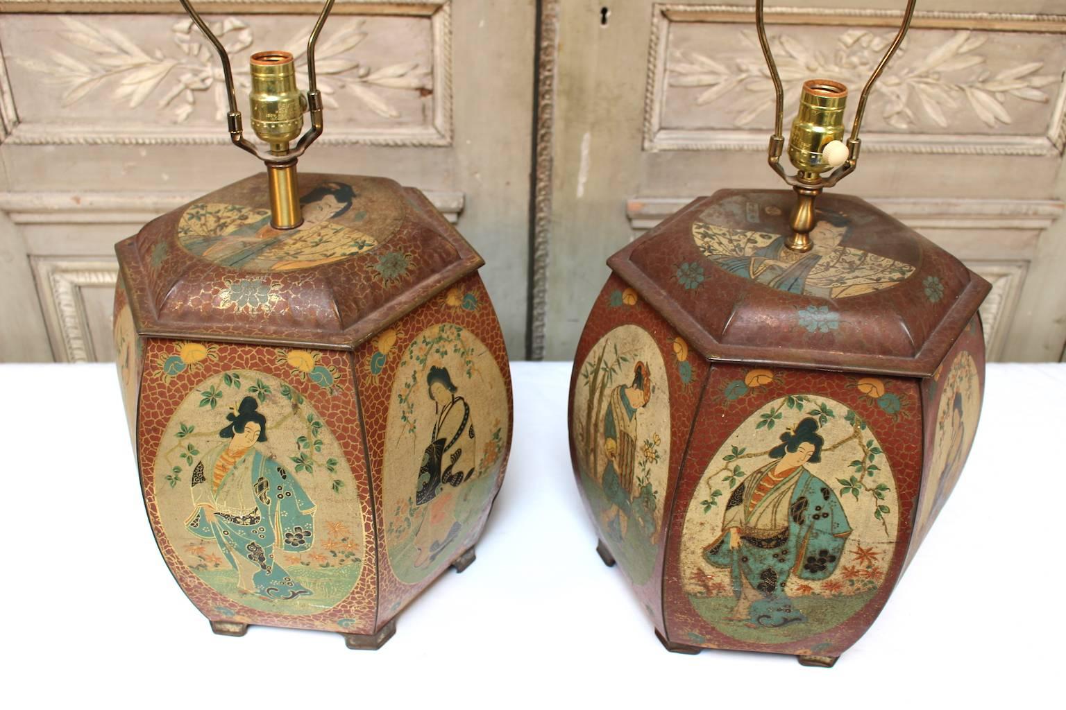 Pair of Chinese Painted Tin Tea Containers, Mounted as Lamps 1