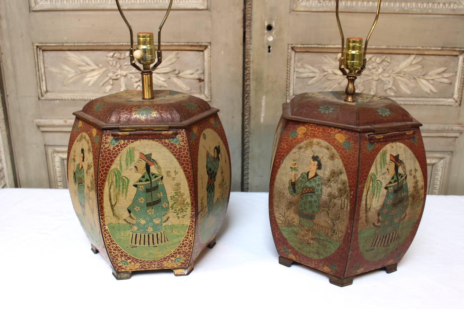 Pair of Chinese Painted Tin Tea Containers, Mounted as Lamps 2