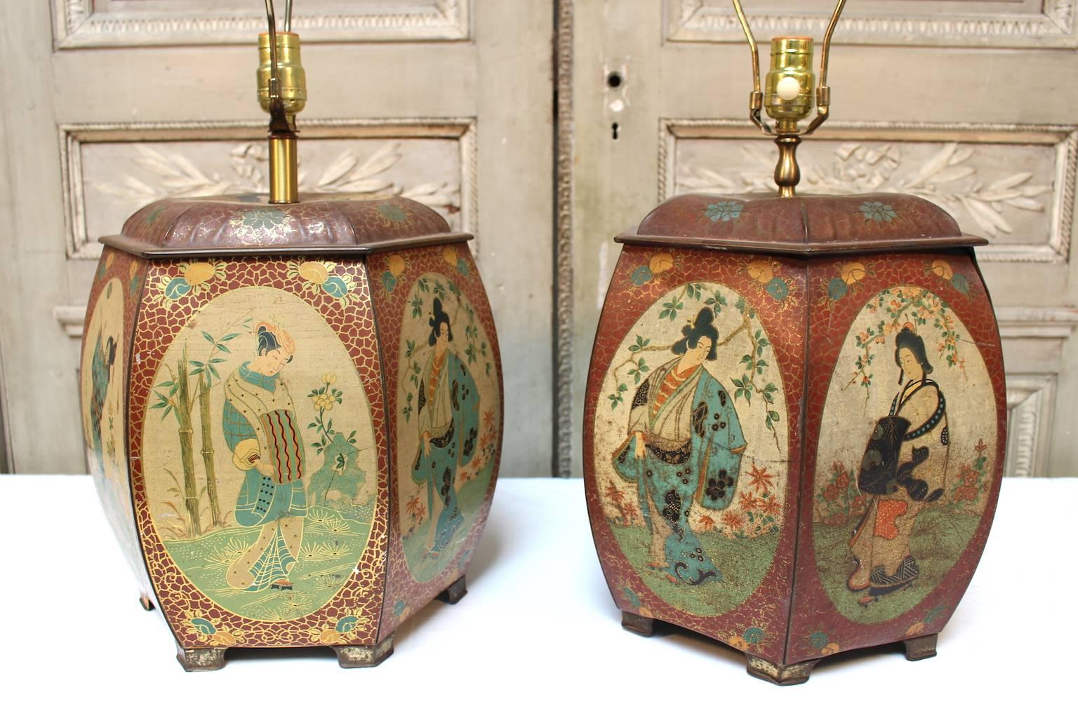 Pair of Chinese Painted Tin Tea Containers, Mounted as Lamps 3