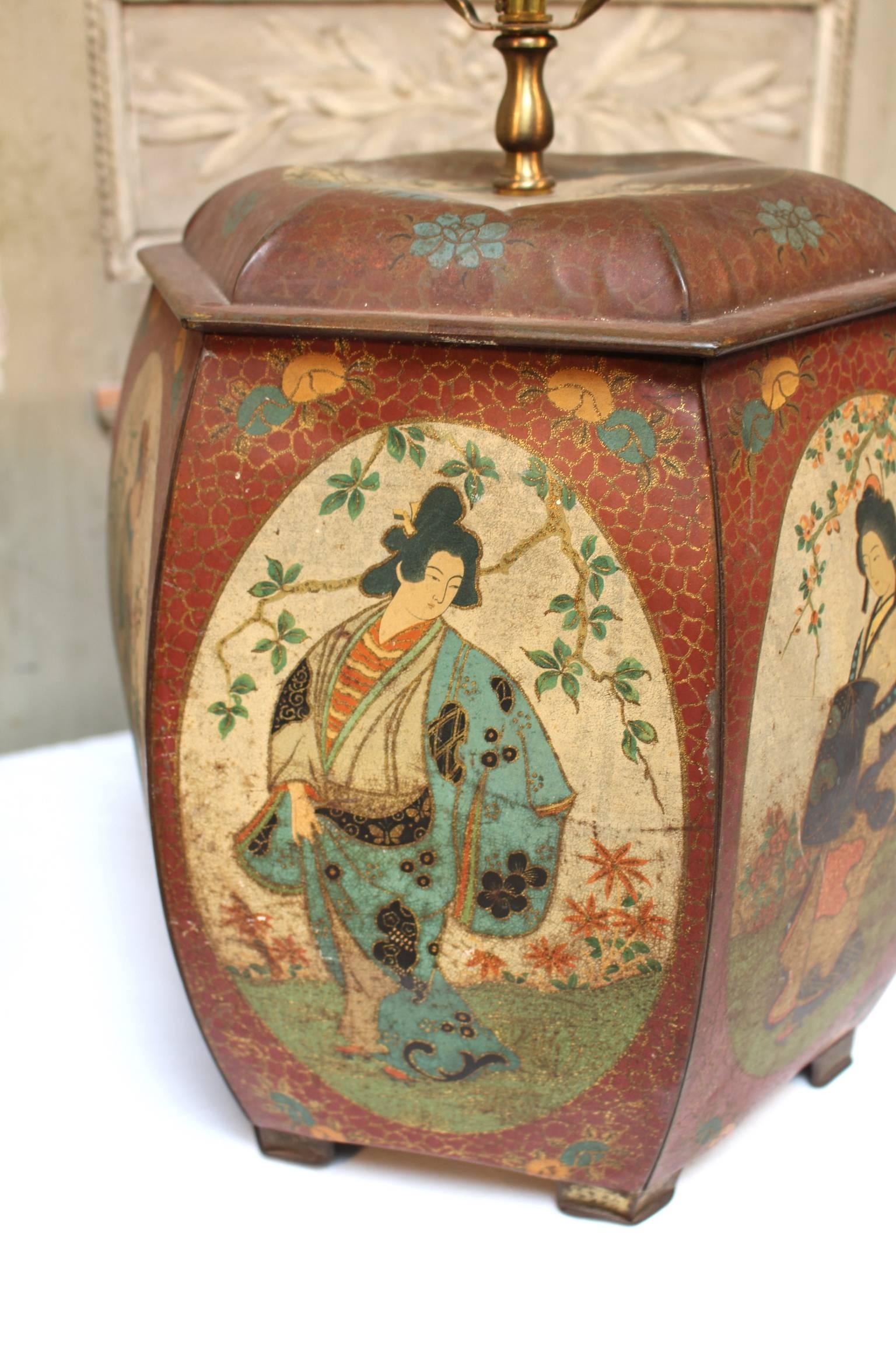 Pair of Chinese Painted Tin Tea Containers, Mounted as Lamps 5