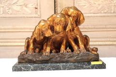 French Gilded Bronze Sculpture Depicting Three Dogs and a Snail