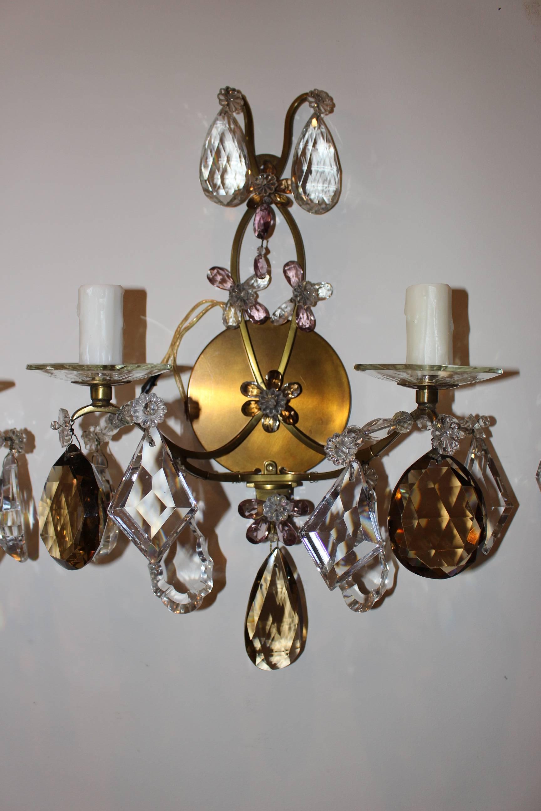 Mid-Century Modern Maison Baguès Style Bronze and Crystal Chandelier with Four Matching Sconces