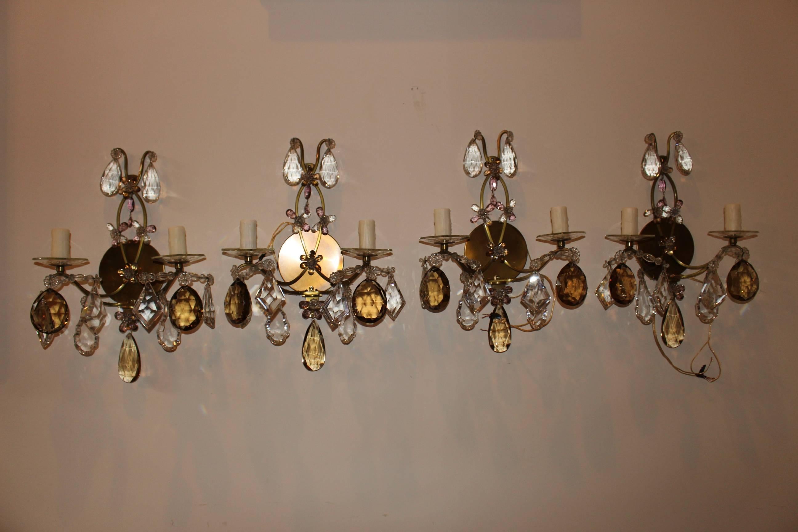 French Maison Baguès Style Bronze and Crystal Chandelier with Four Matching Sconces