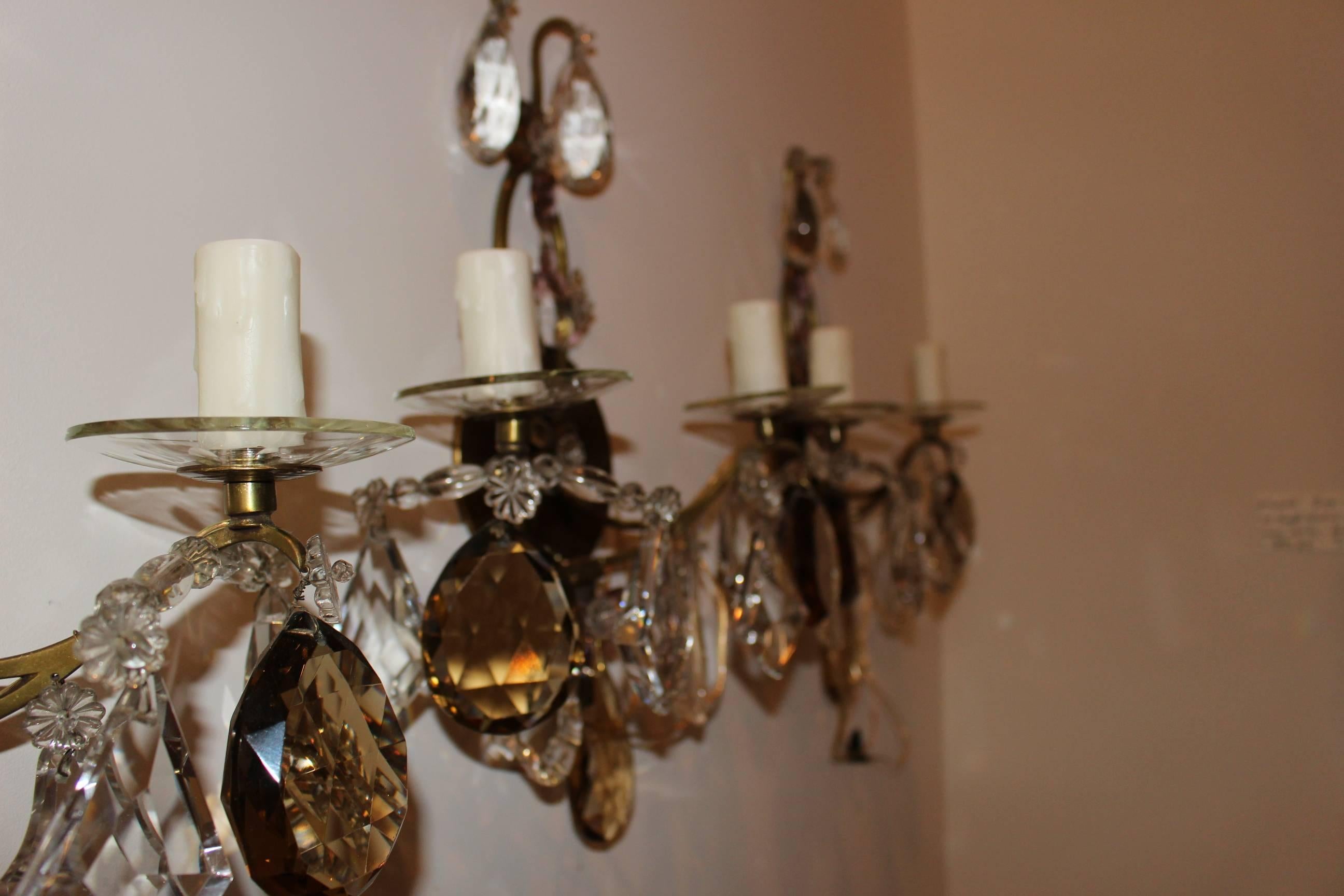 20th Century Maison Baguès Style Bronze and Crystal Chandelier with Four Matching Sconces