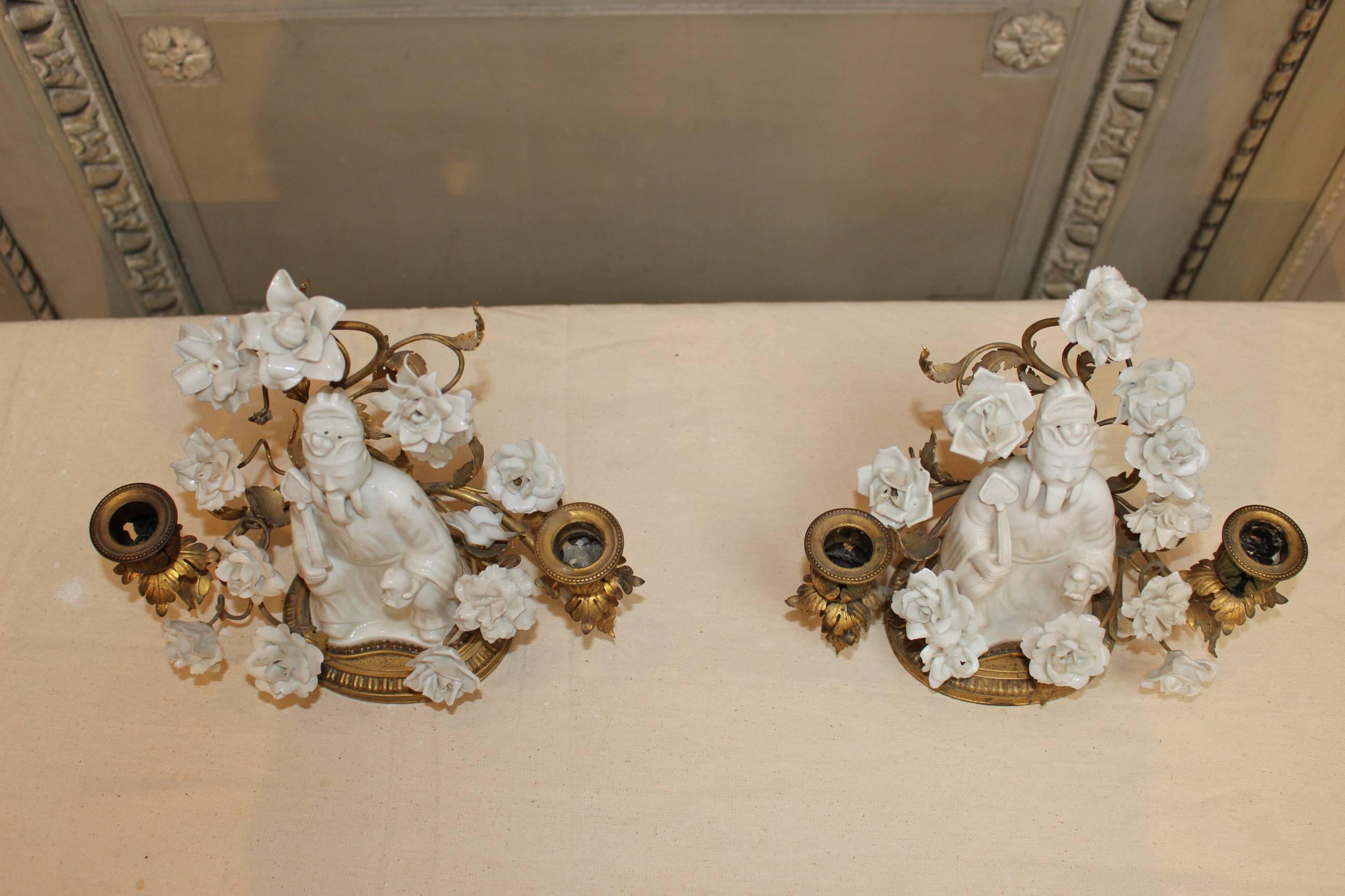 Louis XV Pair of Chinese and French Porcelain Girandoles with Bronze Mounts