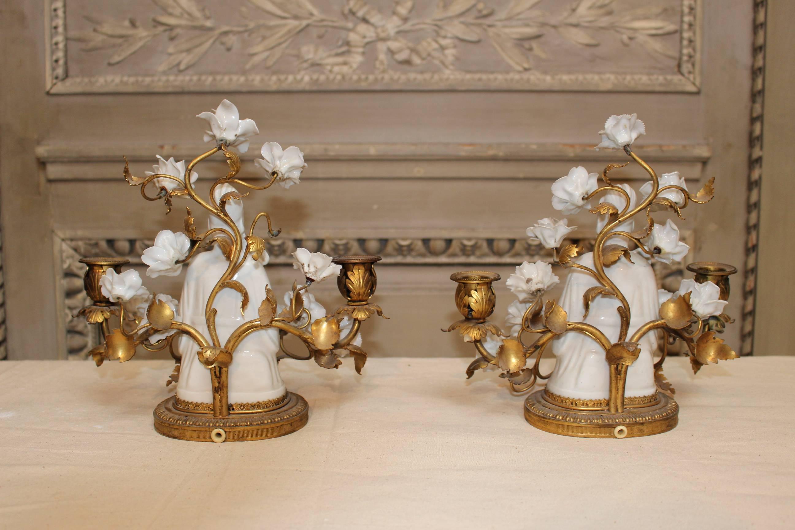 20th Century Pair of Chinese and French Porcelain Girandoles with Bronze Mounts