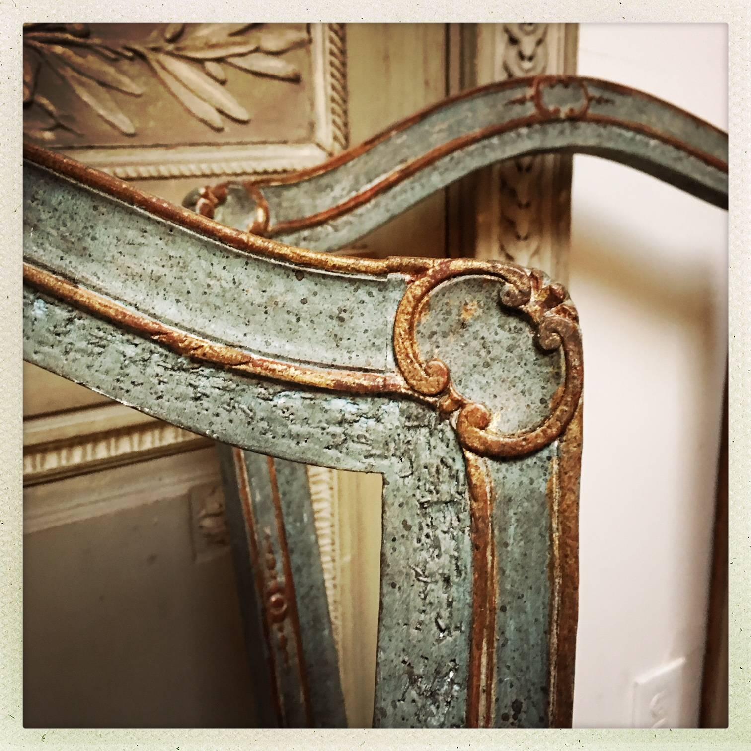 Pair of French Baroque Style Armchair Frames in a Blue and Gilt Finish For Sale 1