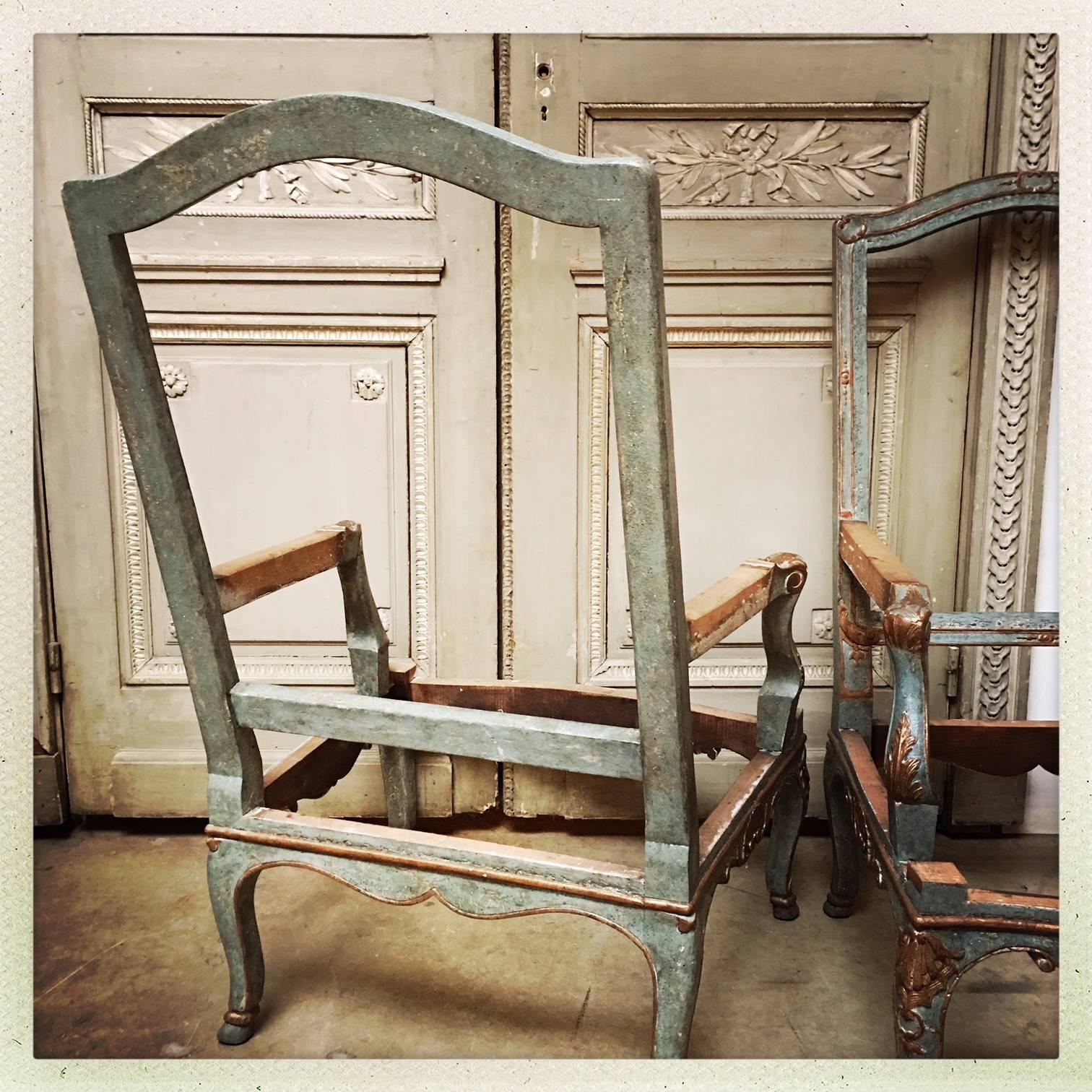 Pair of French Baroque Style Armchair Frames in a Blue and Gilt Finish For Sale 3