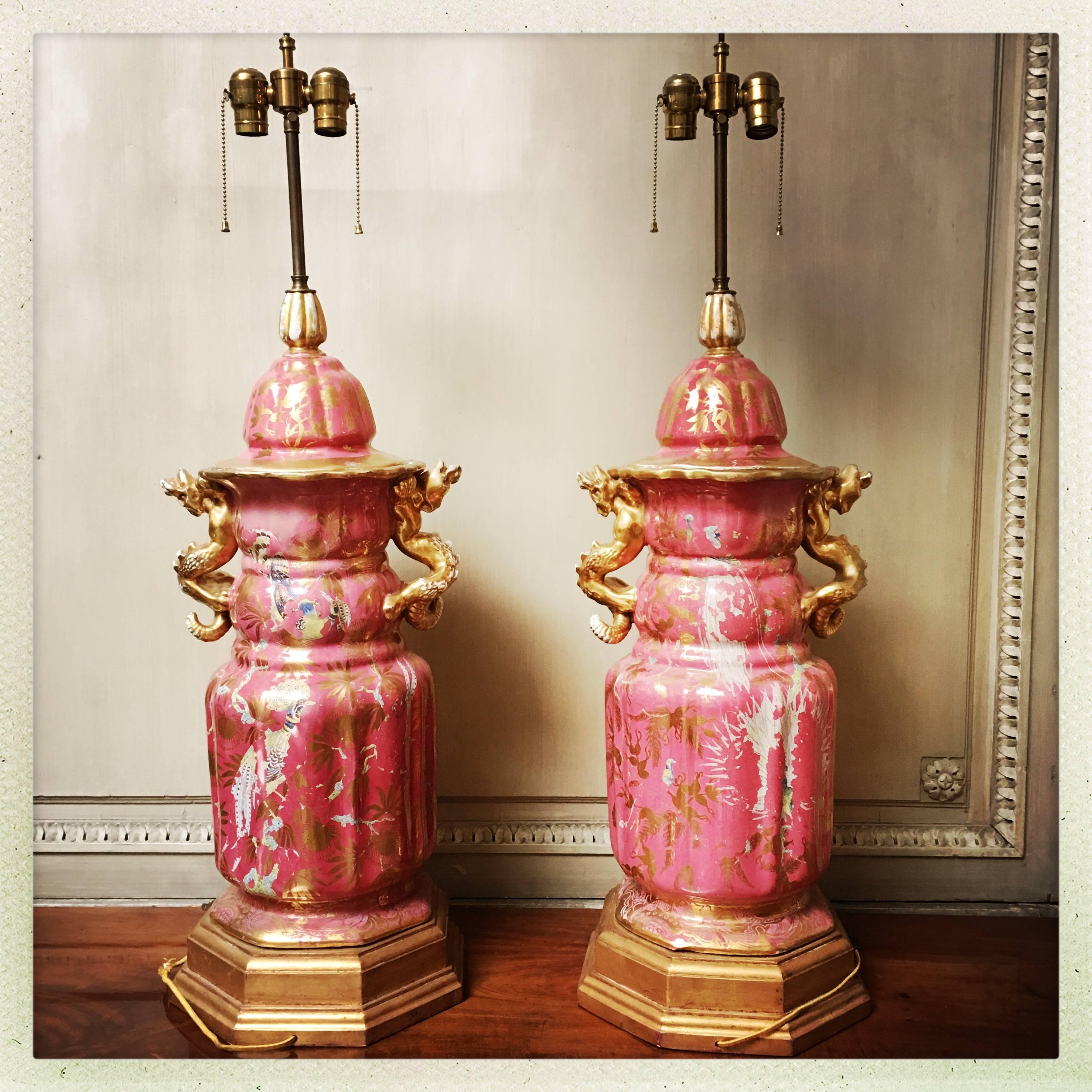 Large Pair of 19th Century English Ironstone Lamp Bases in Pink and Gold.  For Sale 5