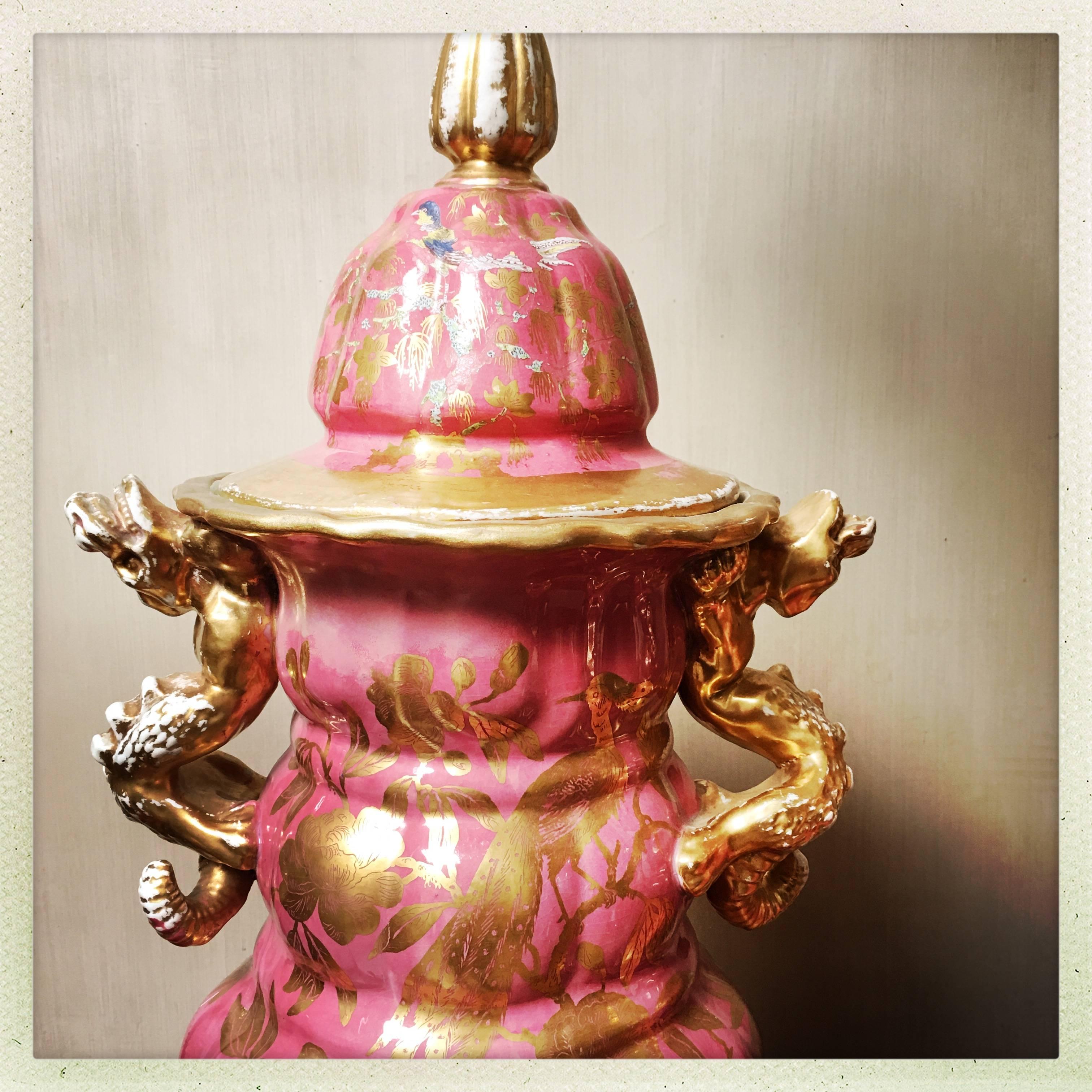 Large Pair of 19th Century English Ironstone Lamp Bases in Pink and Gold.  For Sale 6