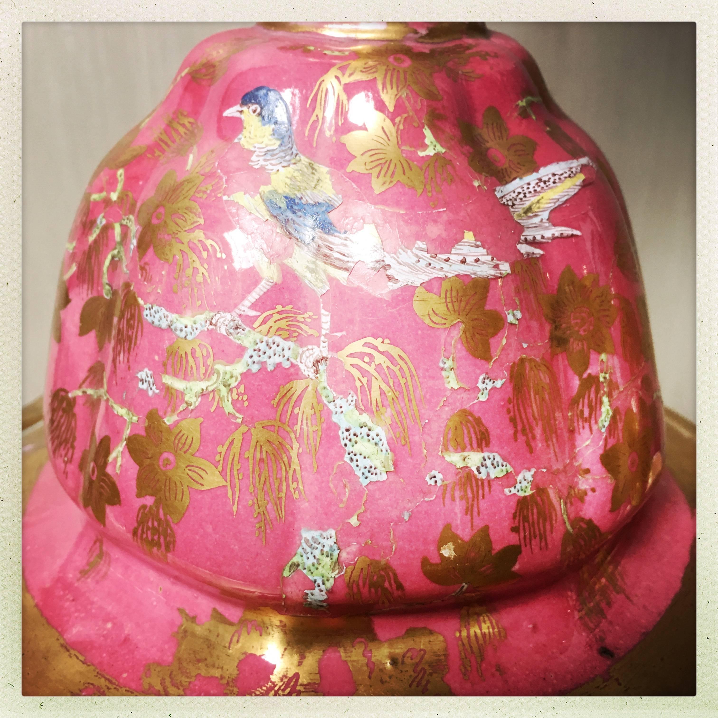 Large Pair of 19th Century English Ironstone Lamp Bases in Pink and Gold.  For Sale 7