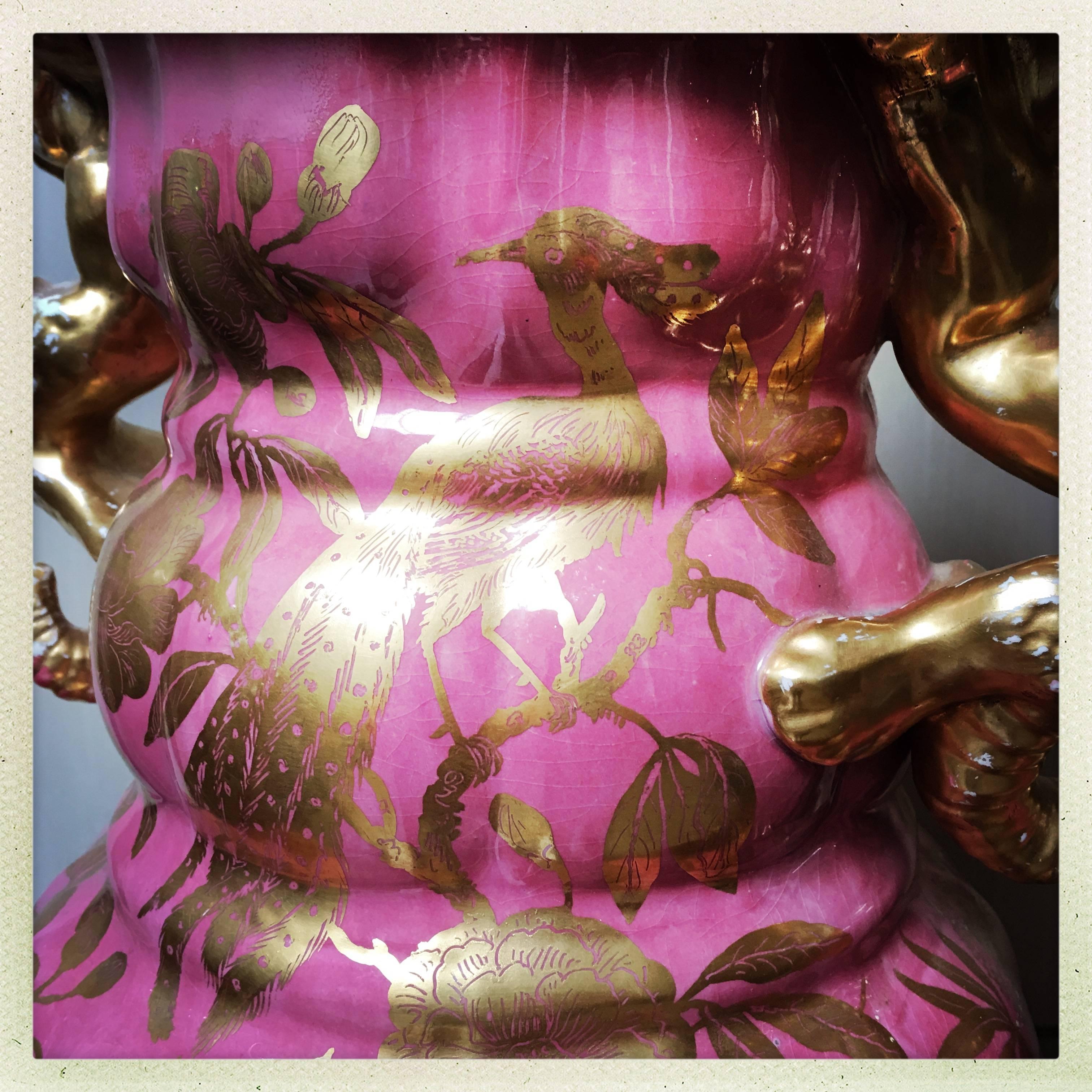 Large Pair of 19th Century English Ironstone Lamp Bases in Pink and Gold.  For Sale 8