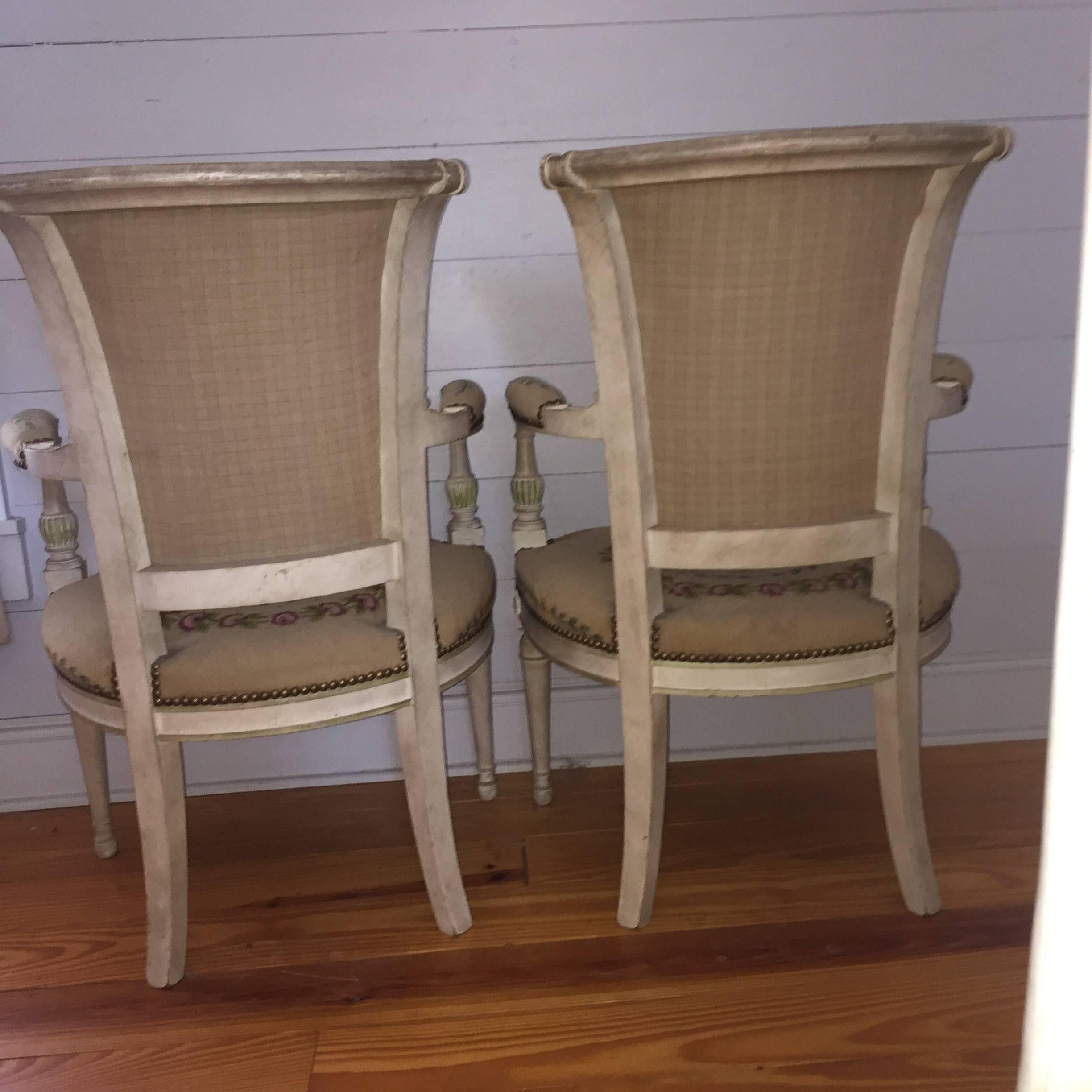 Pair of Directoire Style Fauteuils with Matching Ottoman For Sale 3
