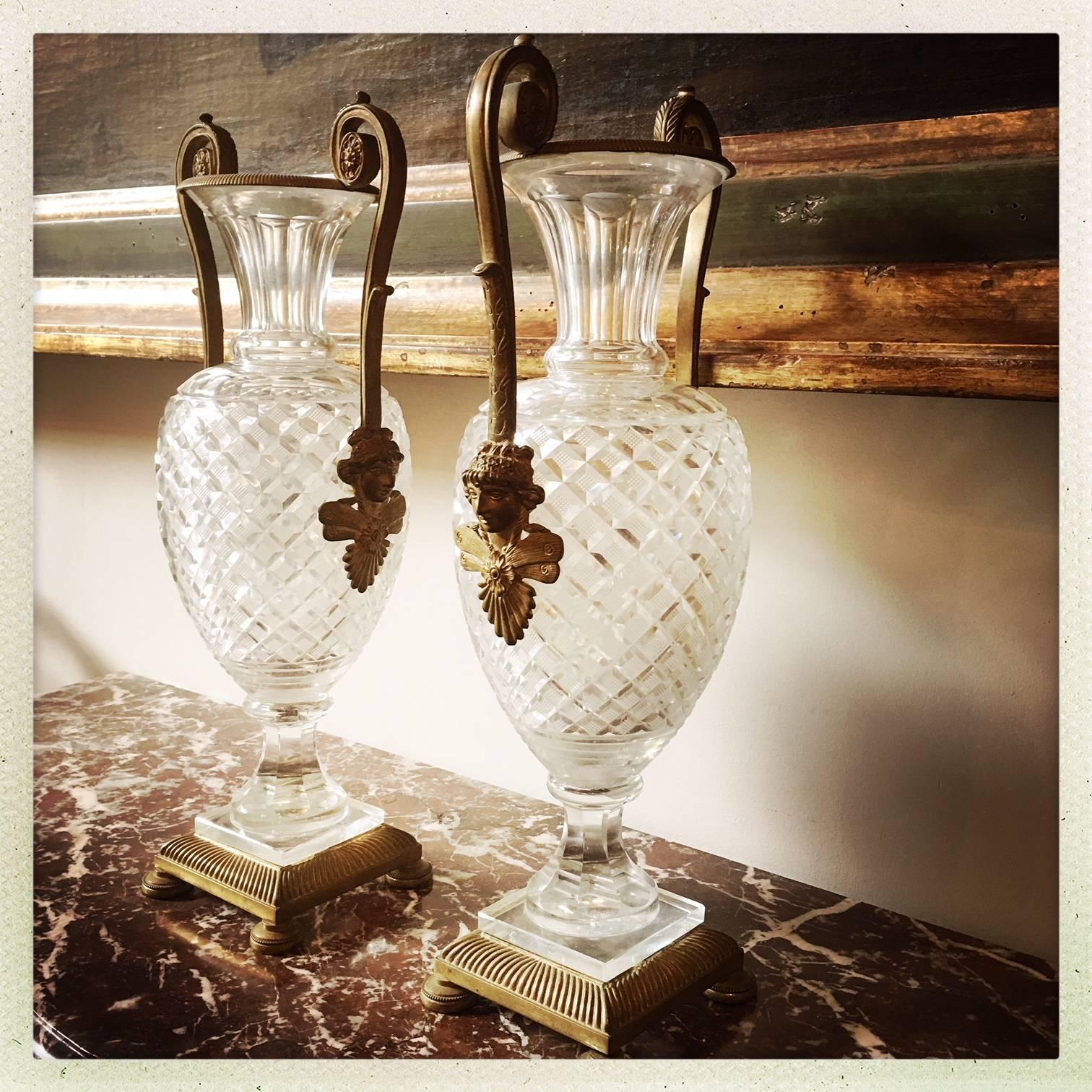 A Pair of French Louis XVI Style Bronze Mounted Cut Crystal Urns In Good Condition For Sale In Dallas, TX