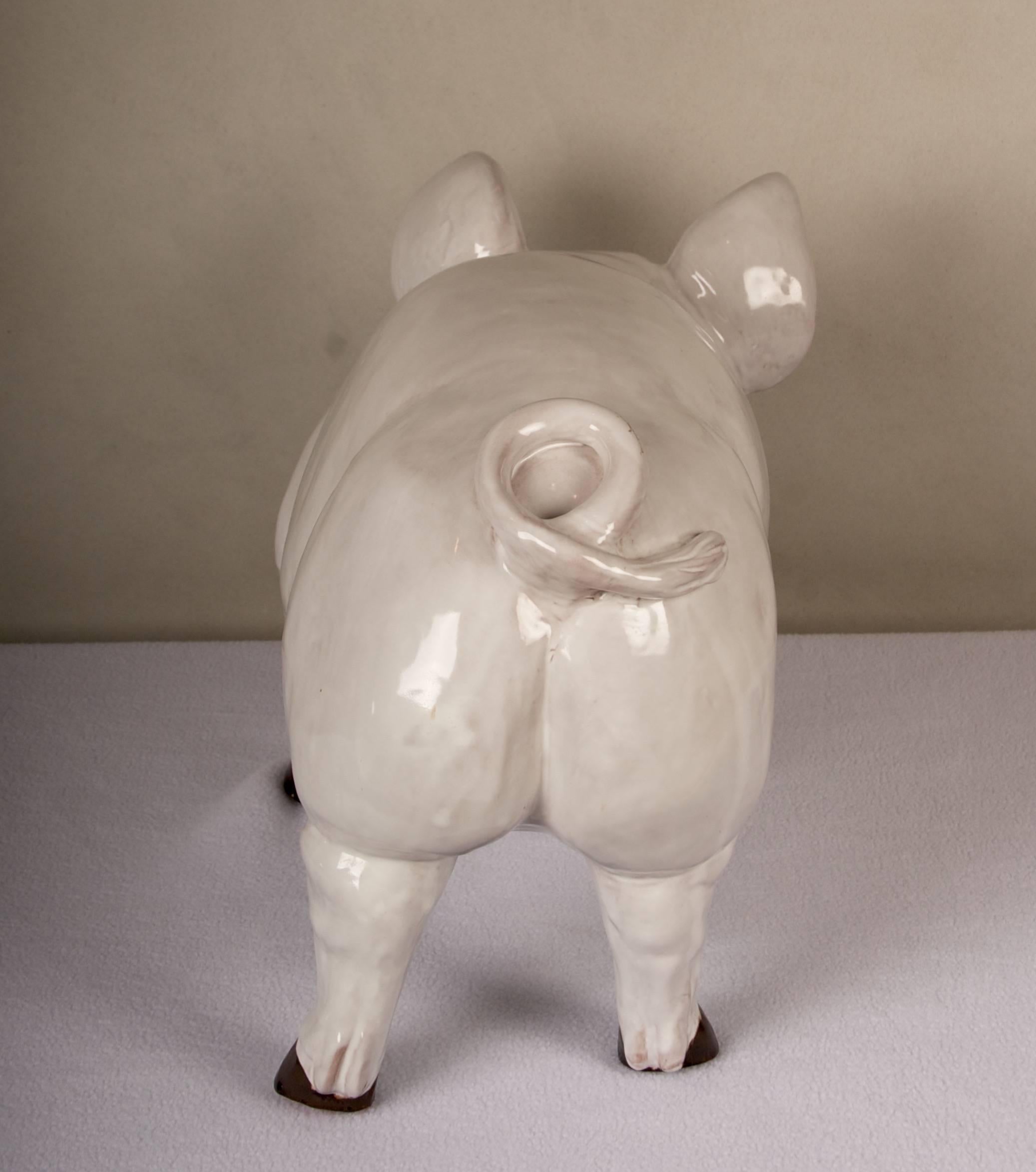 French Glazed Terra Cotta Sculpture of a Happy Pig