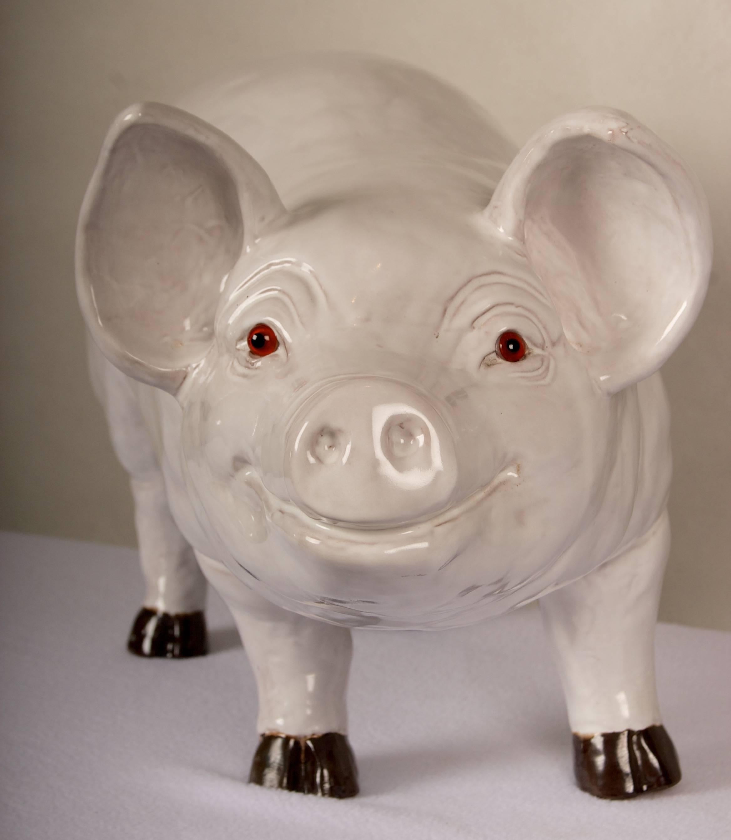 20th Century Glazed Terra Cotta Sculpture of a Happy Pig