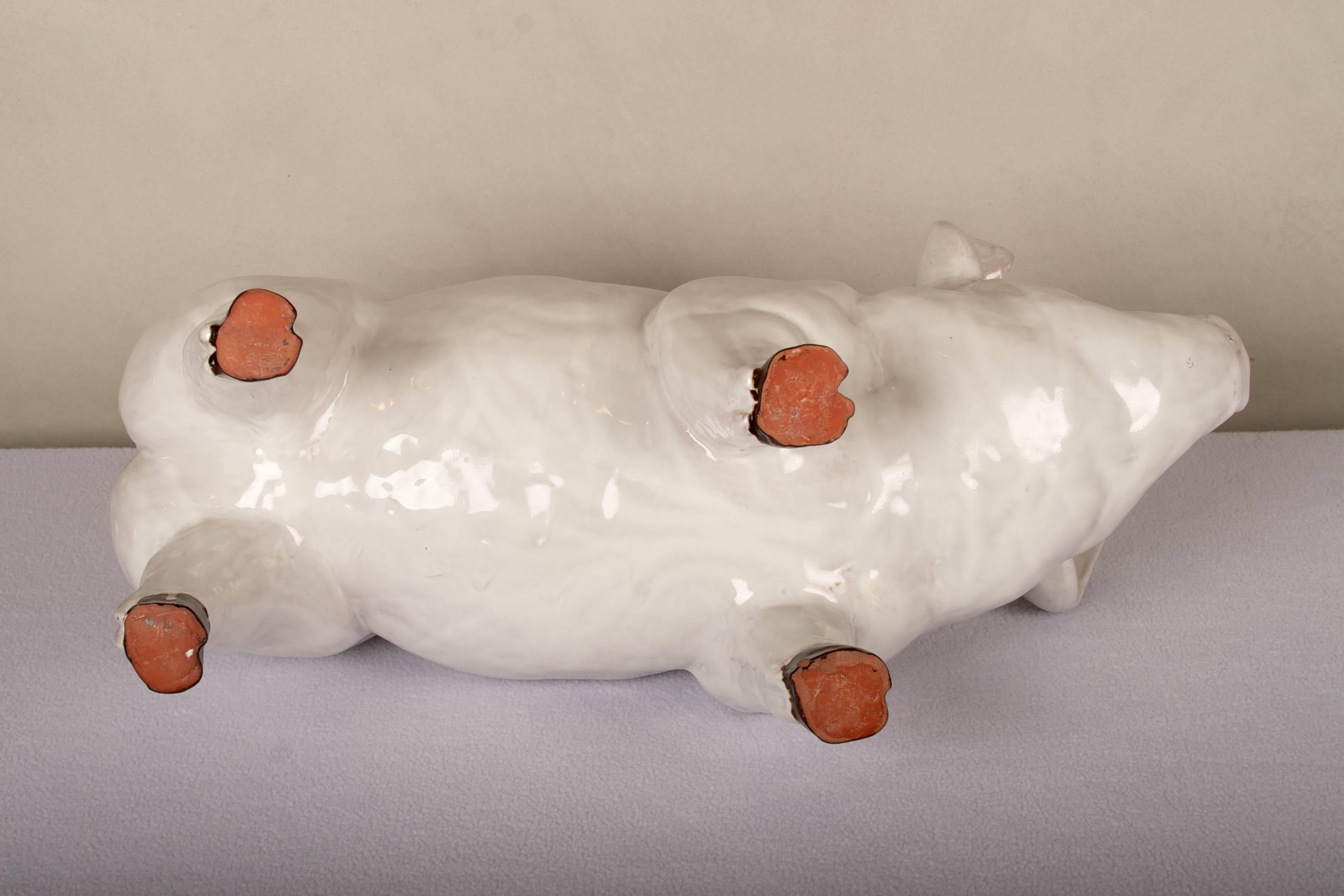 Majolica Glazed Terra Cotta Sculpture of a Happy Pig