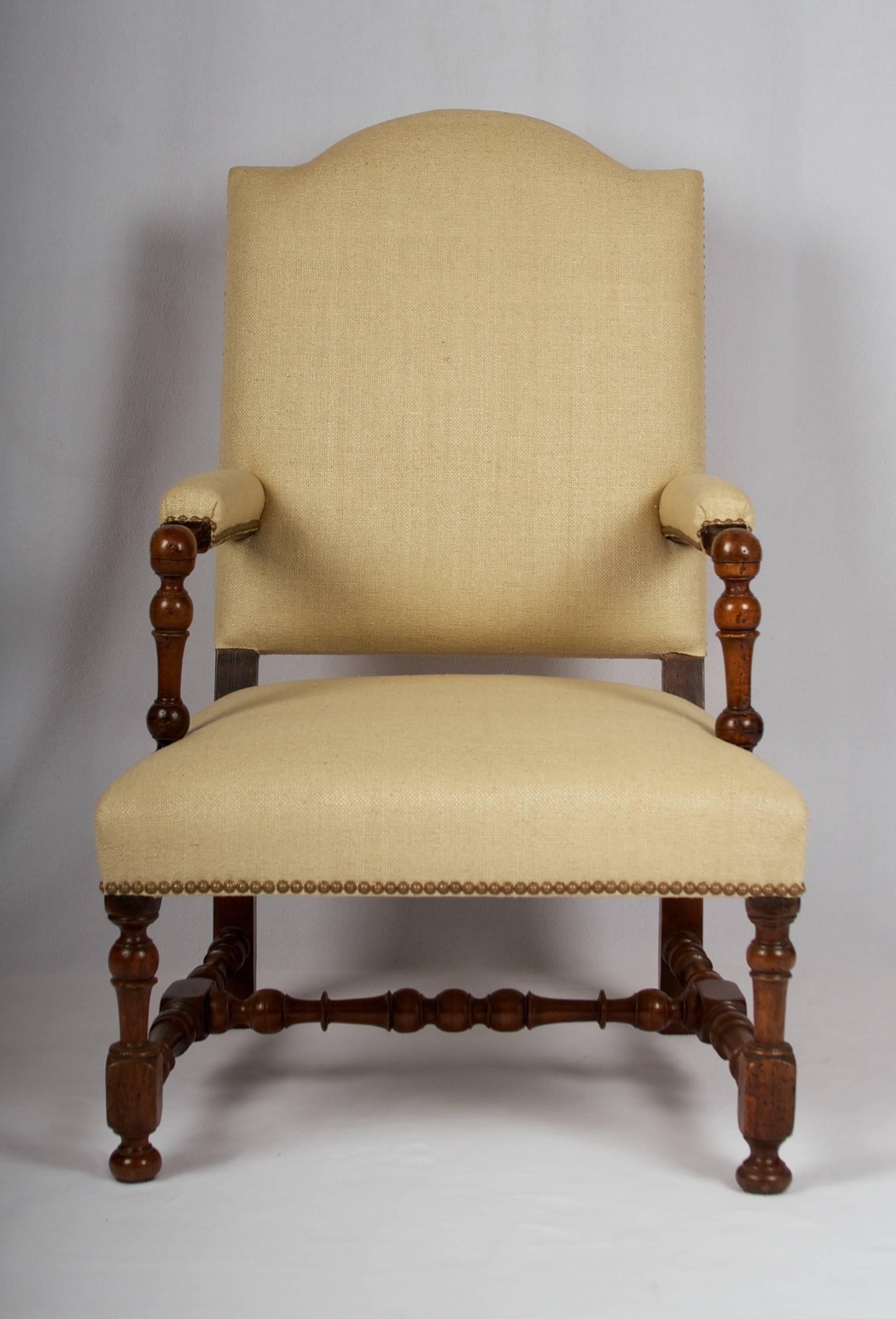Hand-Crafted 17th Century Louis XIII Armchair, Restored and Newly Upholstered For Sale