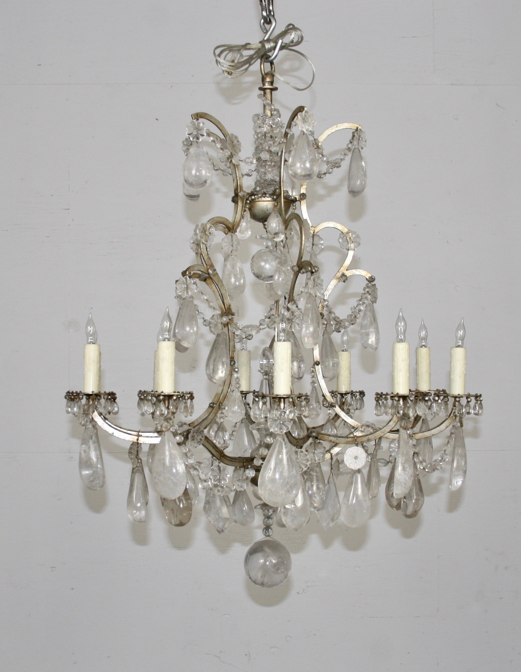 19th Century French Rock Crystal Chandelier,  gilded Cage, surface wired For Sale
