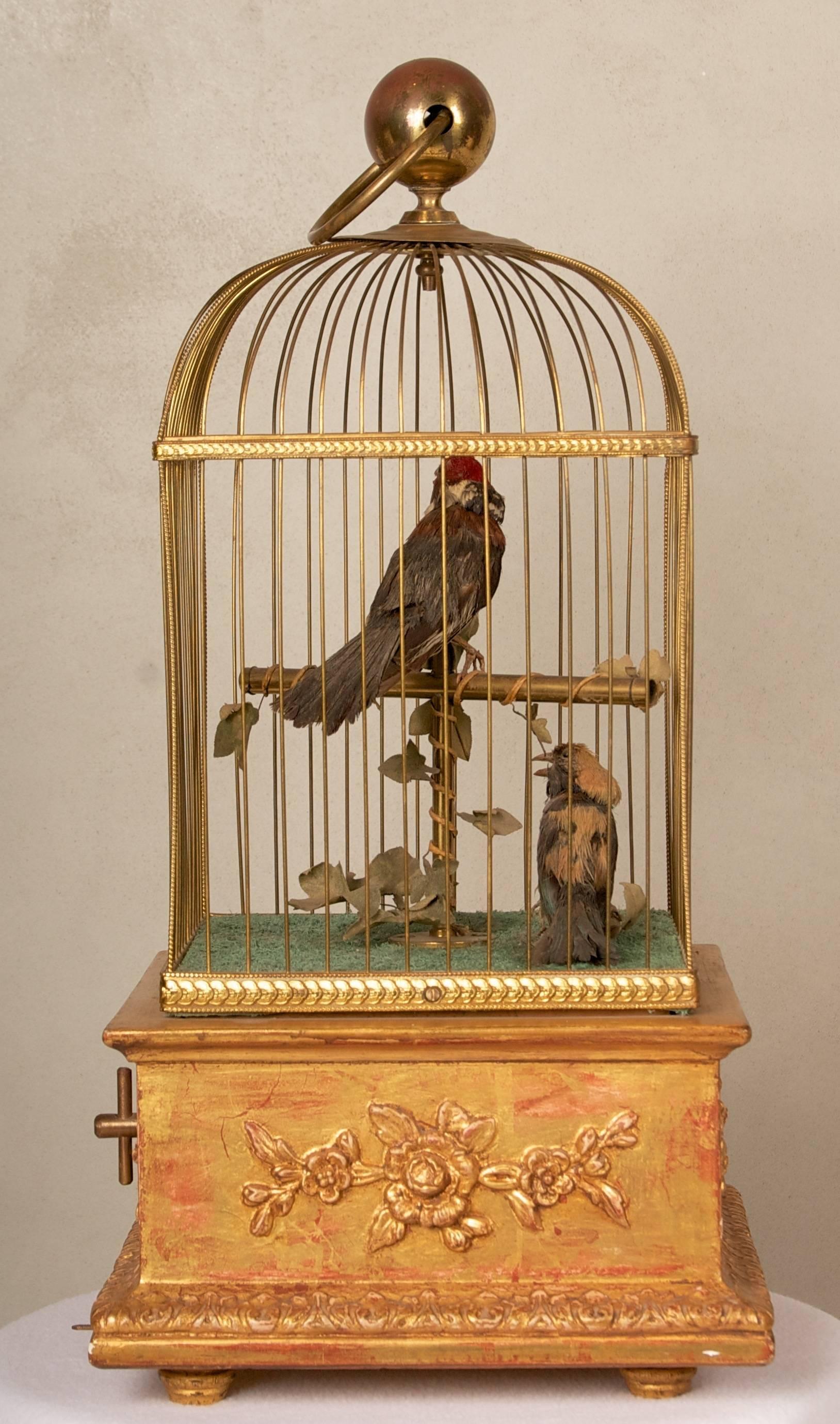 Neoclassical Late 19th Century French Automation Singing Birds in giltwood and brass cage