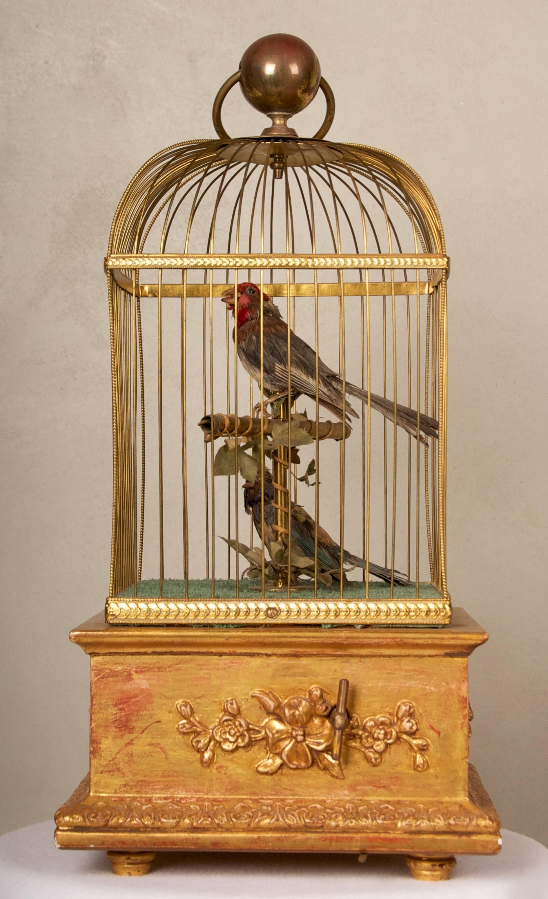 Swiss Late 19th Century French Automation Singing Birds in giltwood and brass cage