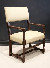 17th Century Flemish Walnut Elbow Chairs, Raw Silk Upholstery