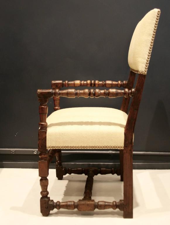 17th Century Flemish Walnut Elbow Chairs, Raw Silk Upholstery at 1stDibs