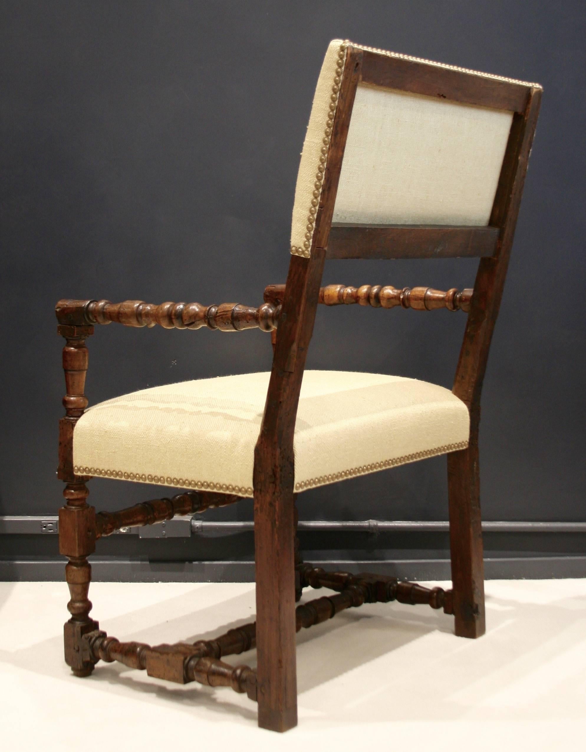 Baroque 17th Century Flemish Walnut Elbow Chairs, Raw Silk Upholstery
