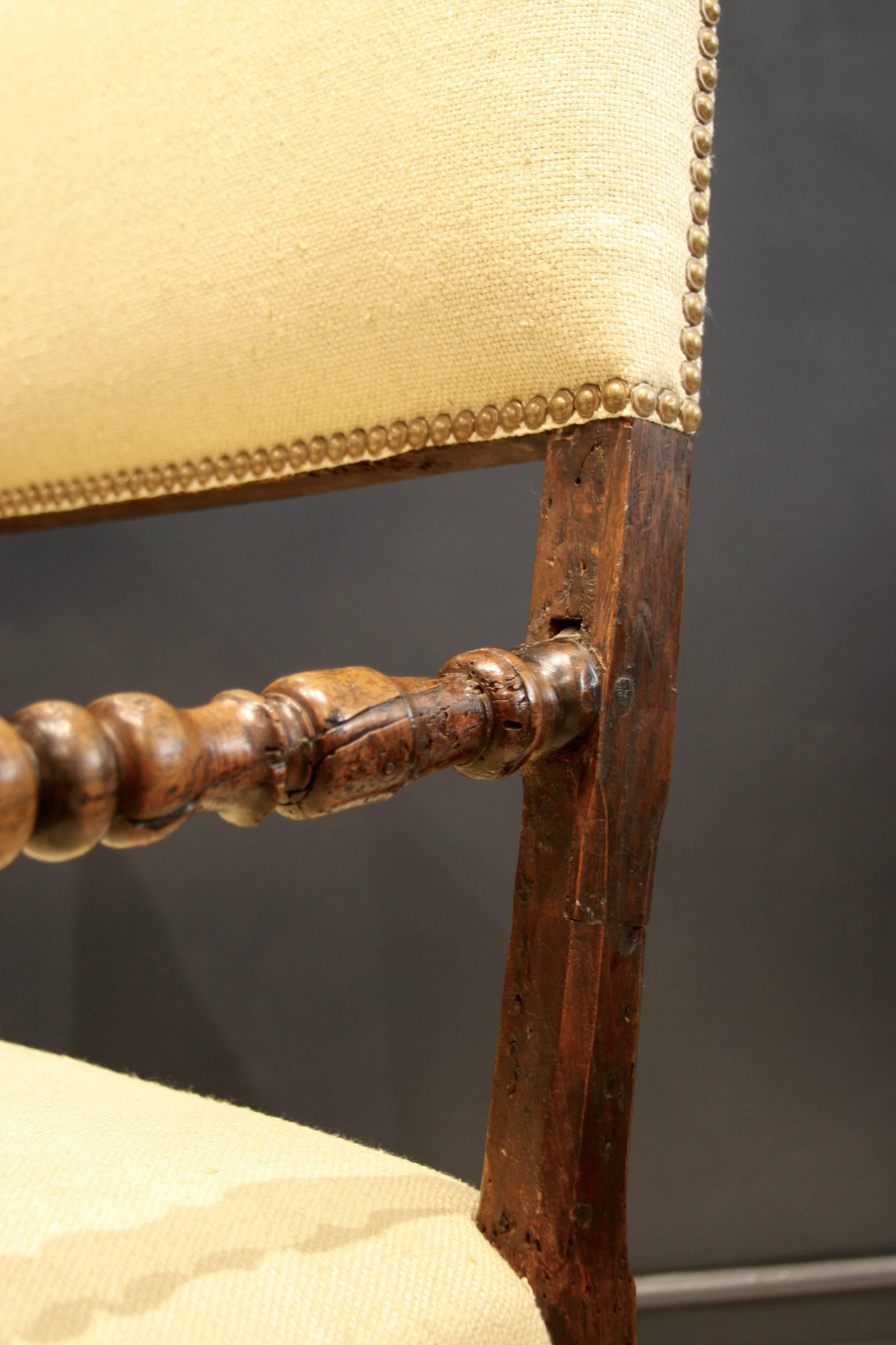 Dutch 17th Century Flemish Walnut Elbow Chairs, Raw Silk Upholstery