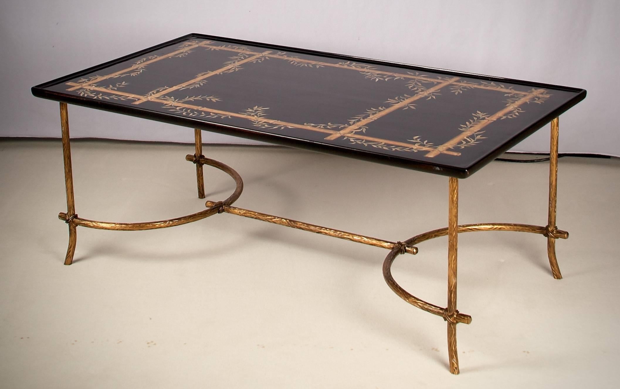 American Modern Chinoiserie Decorated Coffee Table with Faux Gild Metal Legs