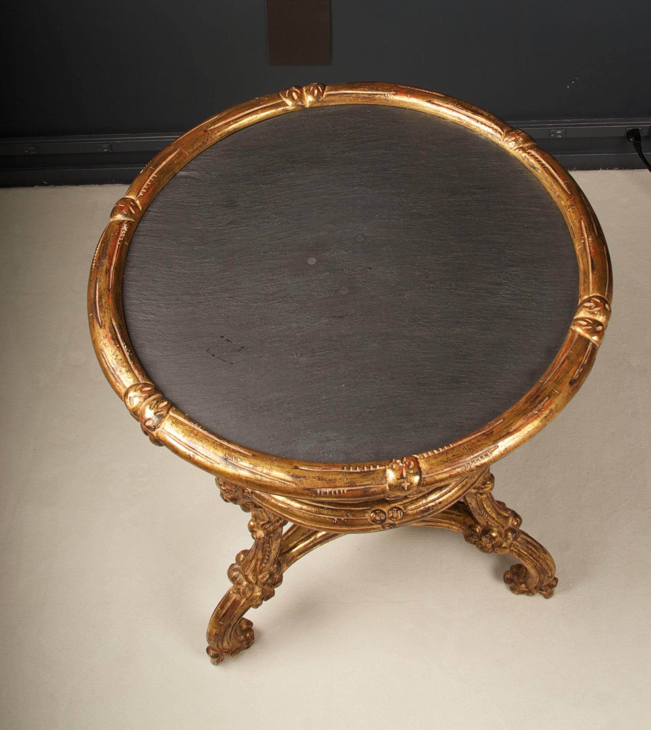Late 20th Century Gueridon Side Table, gilded, inset rift cut slate top